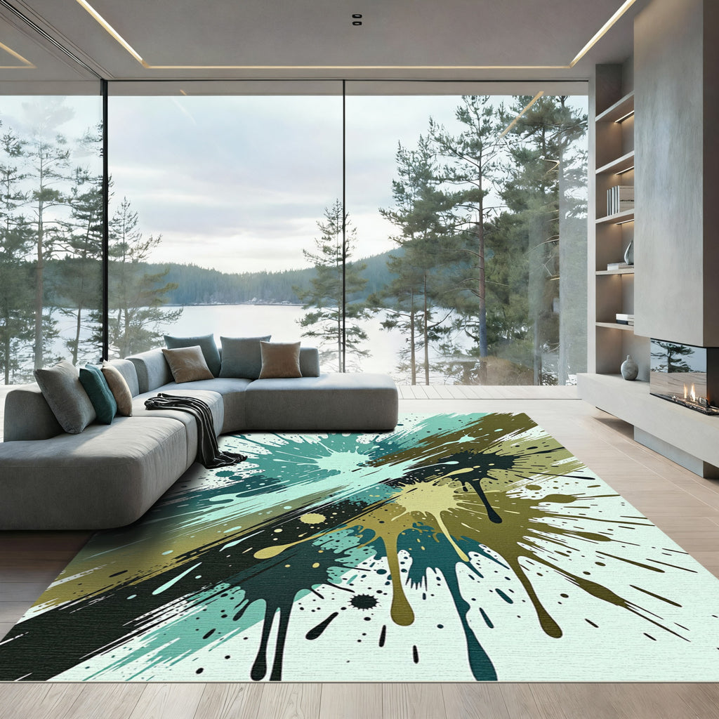 Abstract Teal Olive Splash Splatter Rug