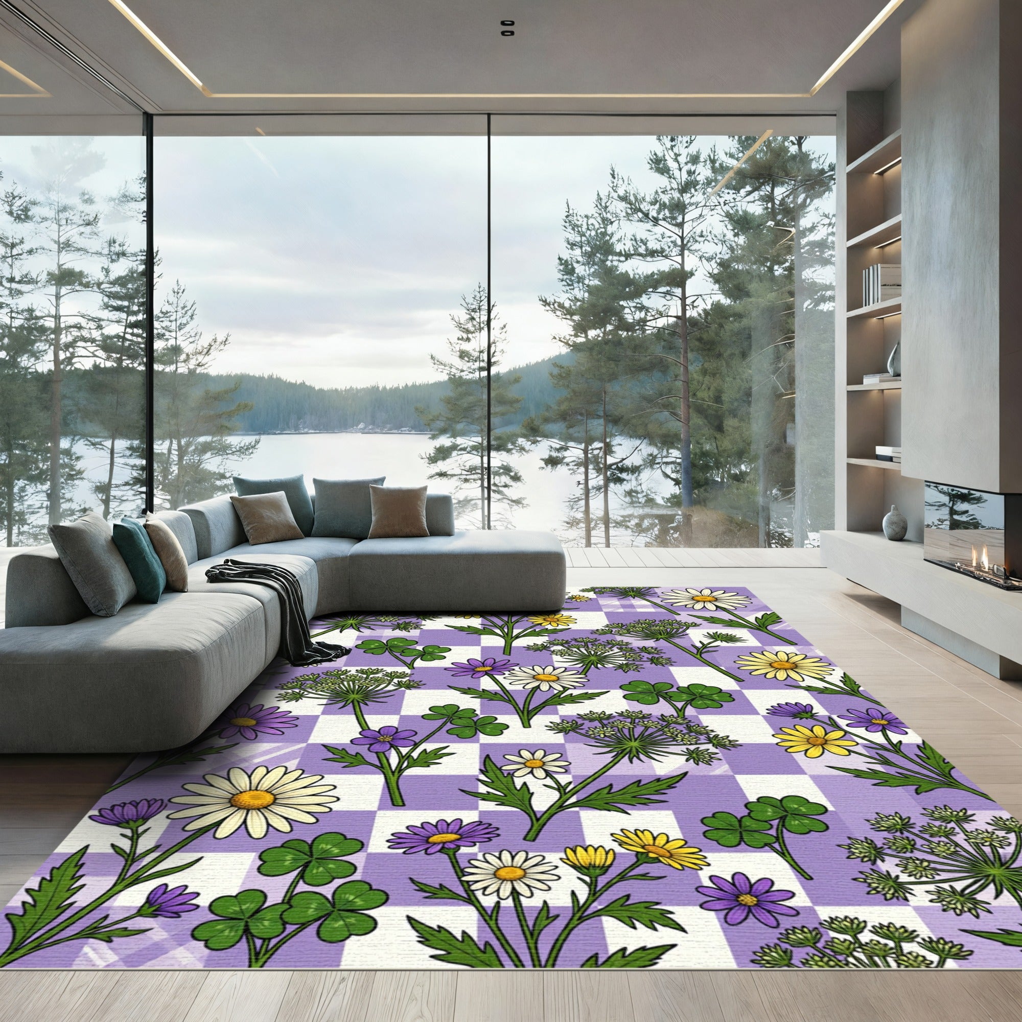 Pastel Purple Checkerboard Spring Meadow Rug