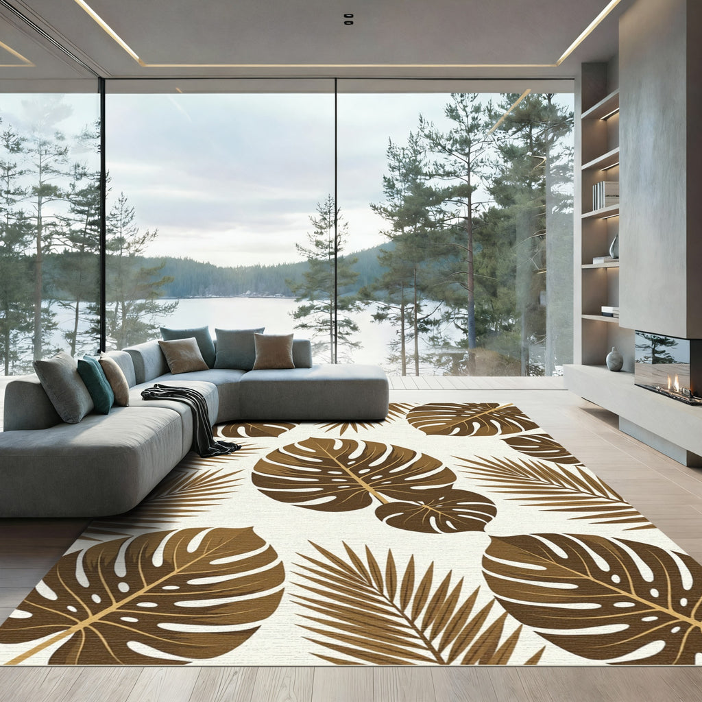 Warm Earthy Tropical Palm Leaf Art Rug