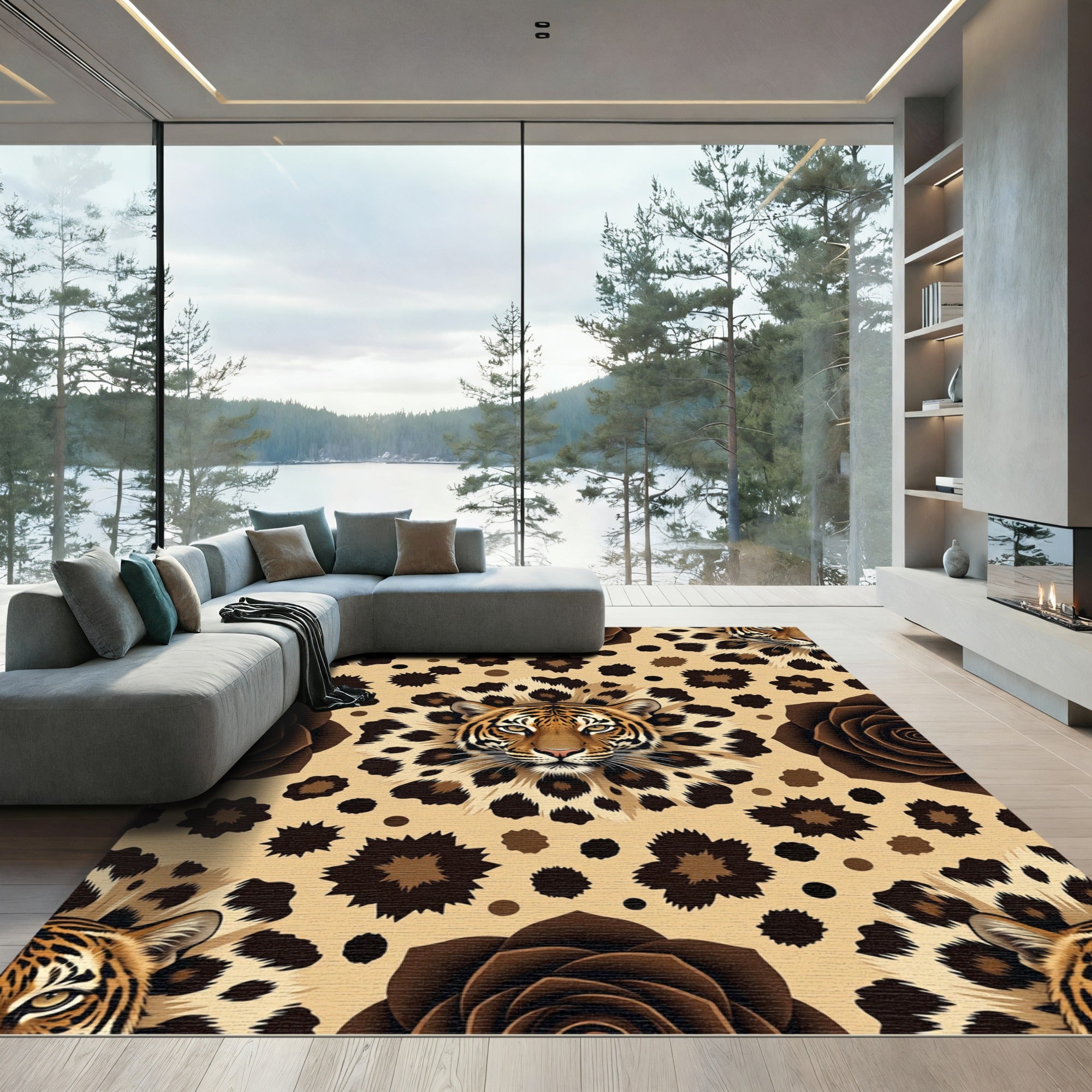 Tiger Leopard Rose Brown Medallion Rug