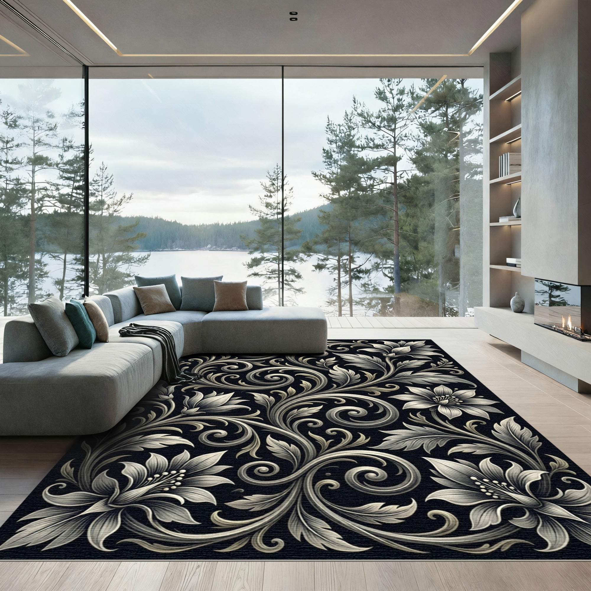 Ornate Ivory Floral Scrollwork Rug