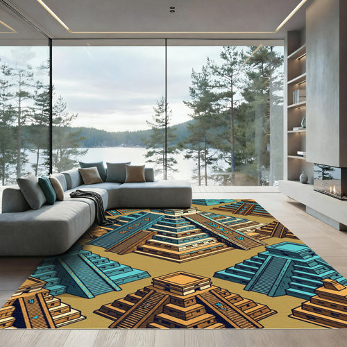 Aztec Geometric Pyramid Teal Ochre Tile Rug