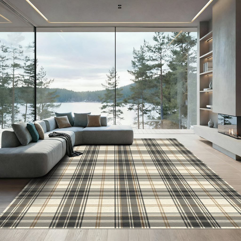 Neutral Cream Brown Black Plaid Rug