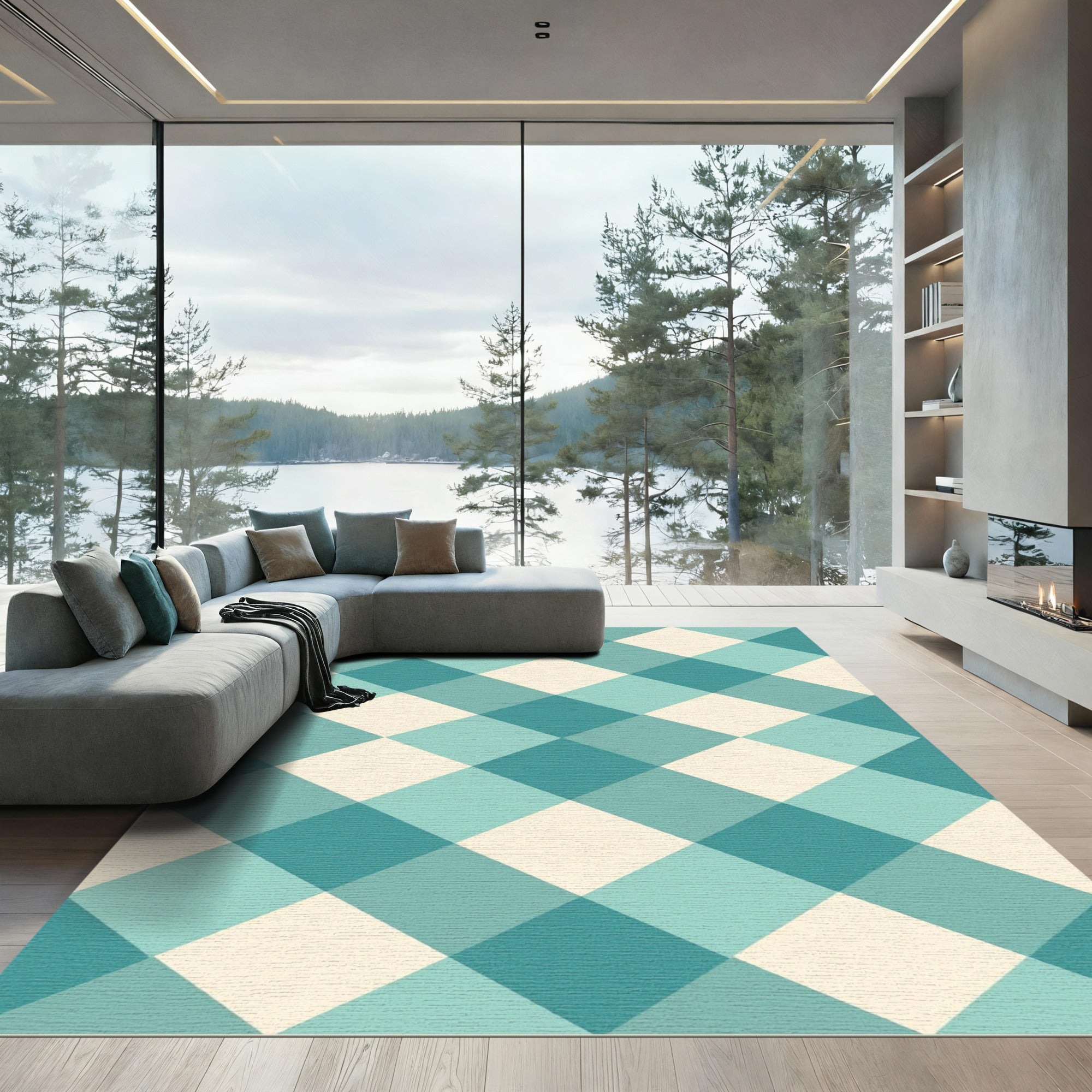Teal And Cream Diagonal Gingham Check Rug