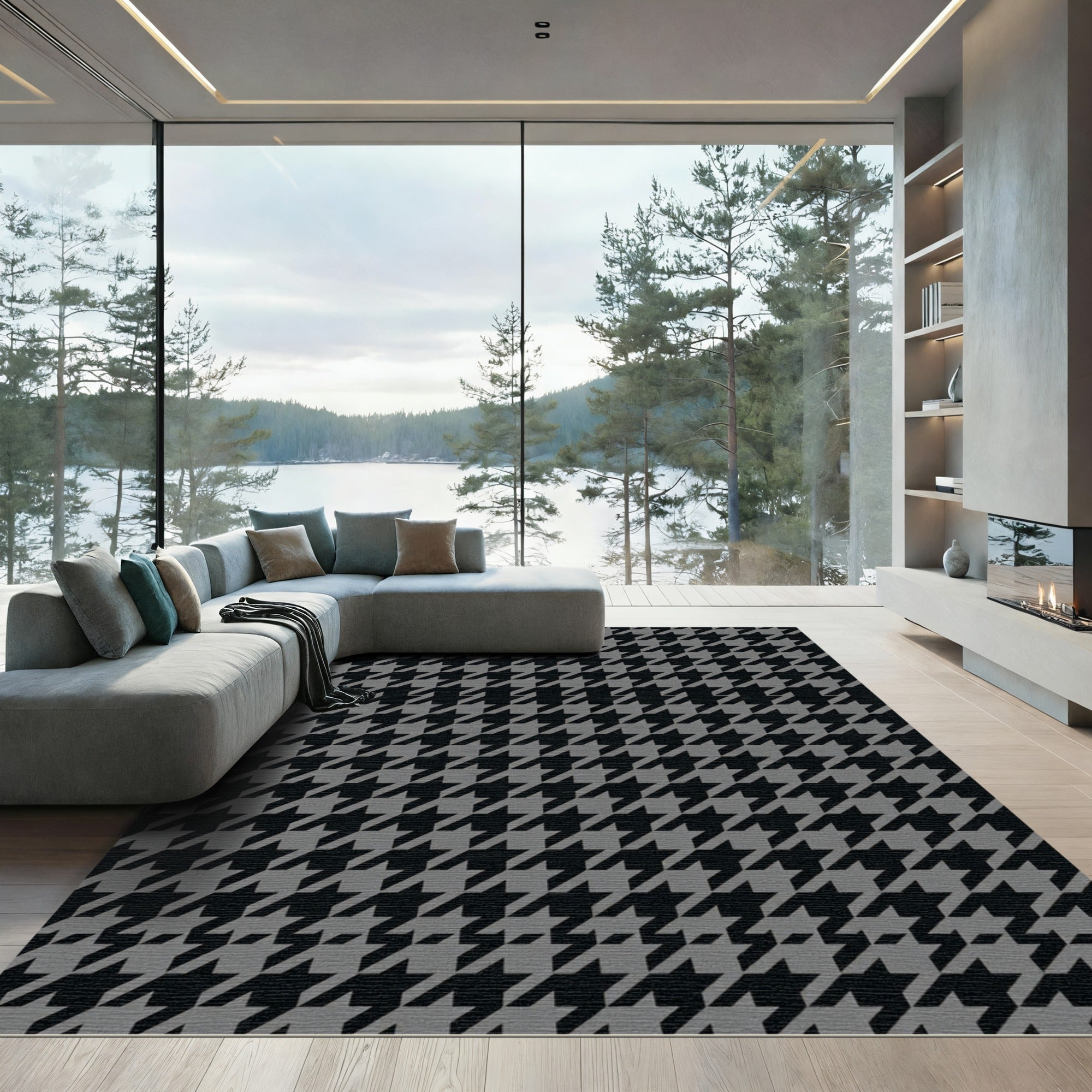Classic Gray Houndstooth Pattern Rug