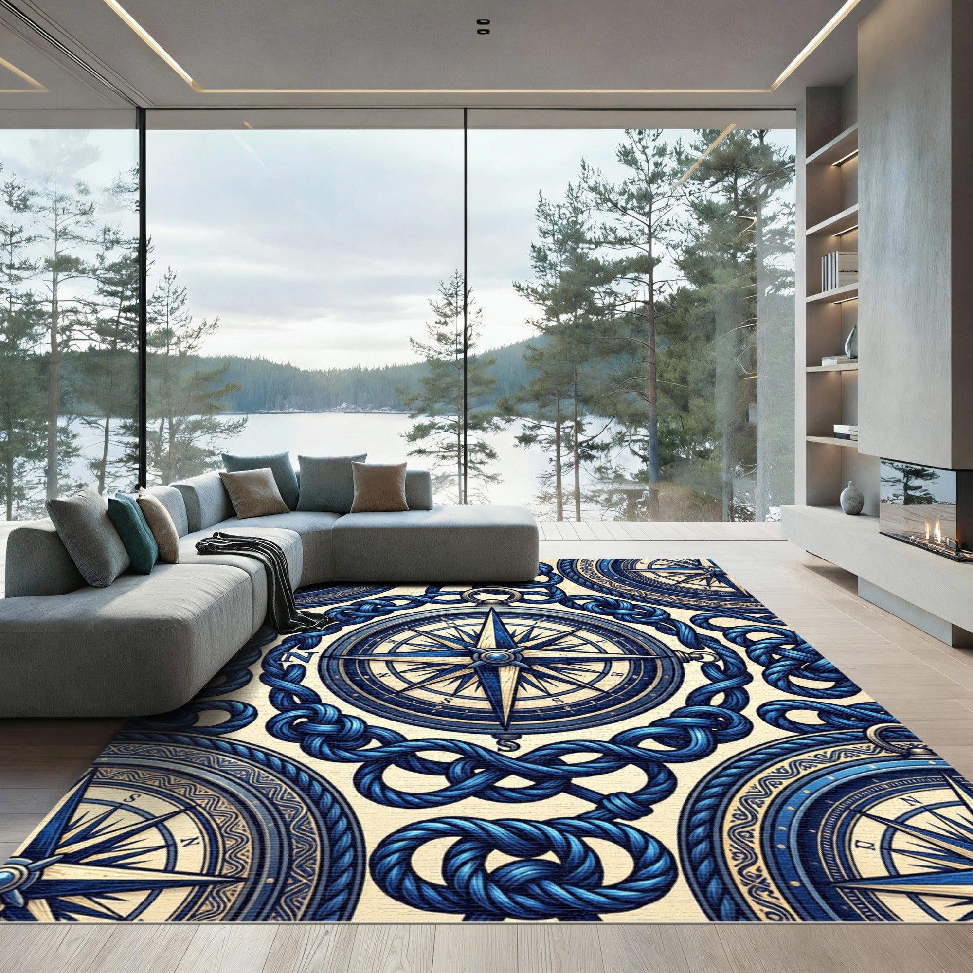 Nautical Compass Rope Border Navy Rug