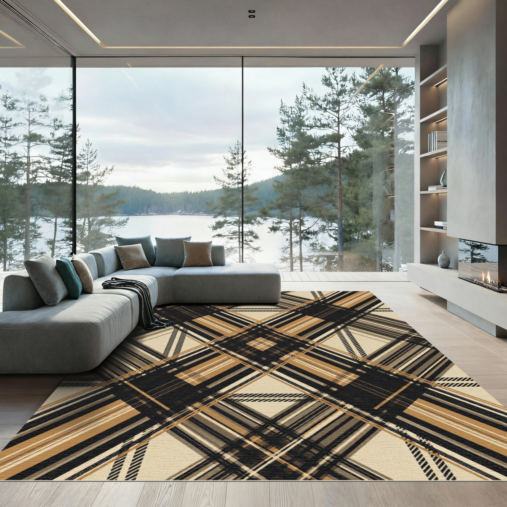 Earthy Brown Diagonal Plaid Geometric Rug