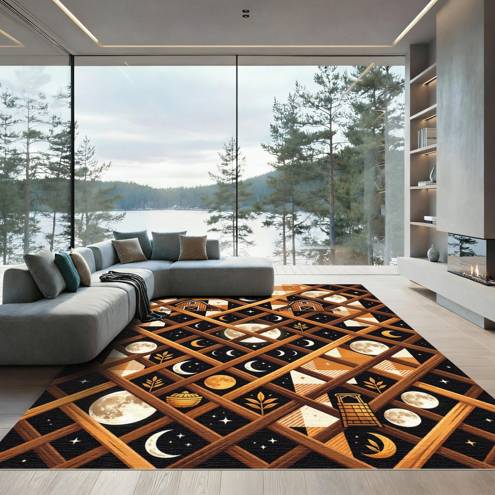 Rustic Farmhouse Lattice Moon Scene Rug