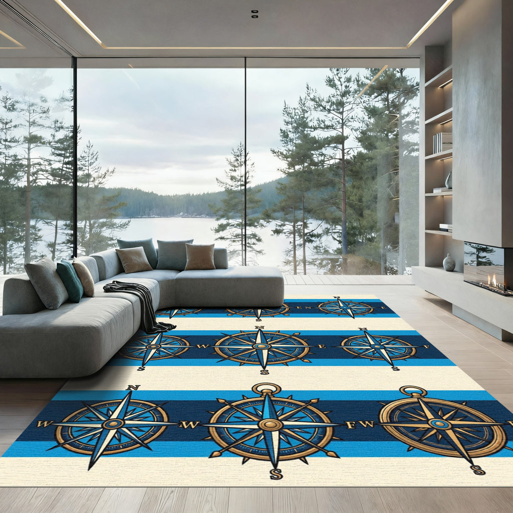 Nautical Compass Blue Striped Art Rug
