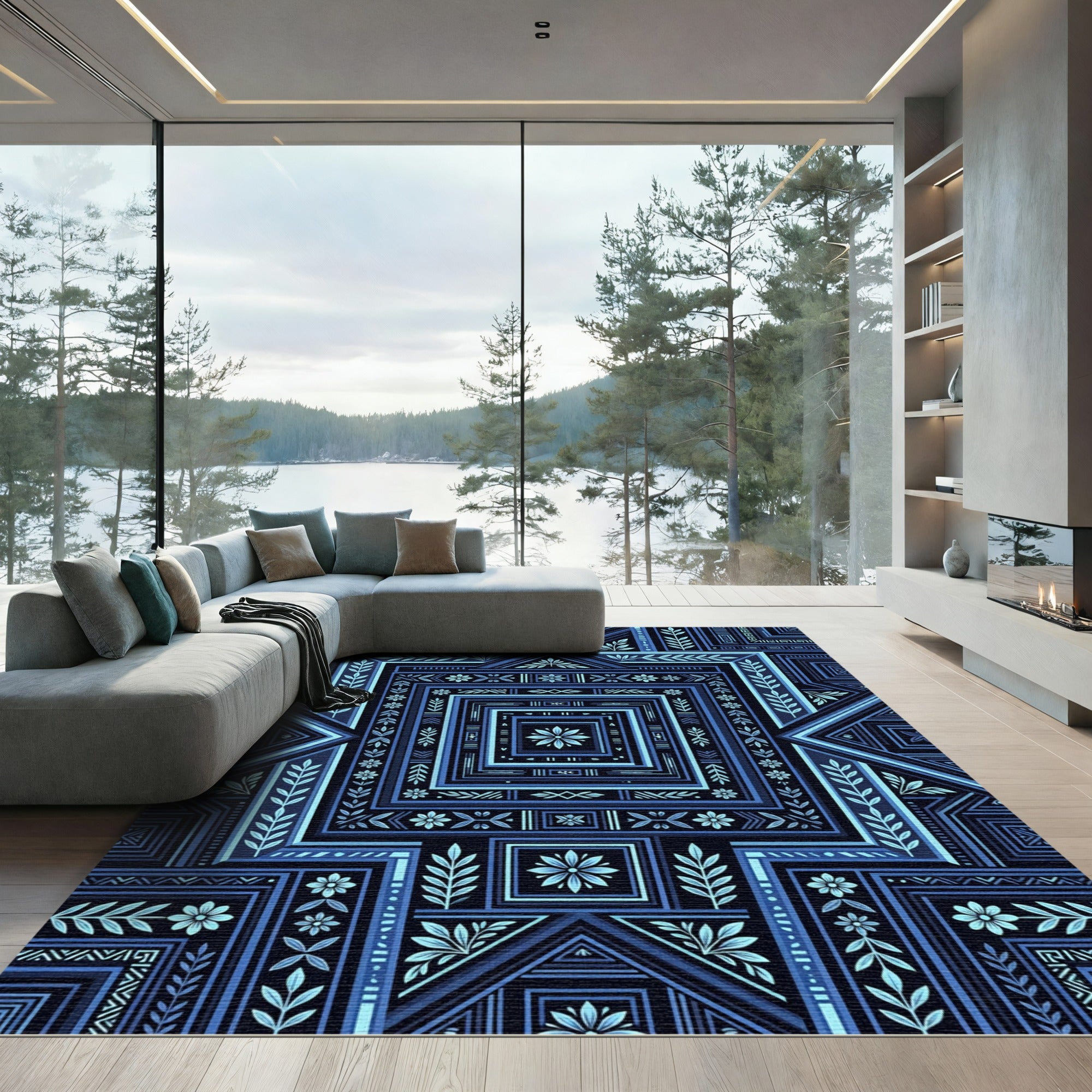 Deep Blue Geometric Floral Medallion Rug