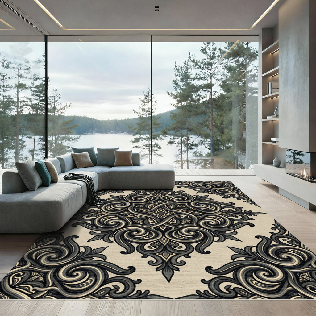 Antique Black Cream Damask Scrollwork Rug