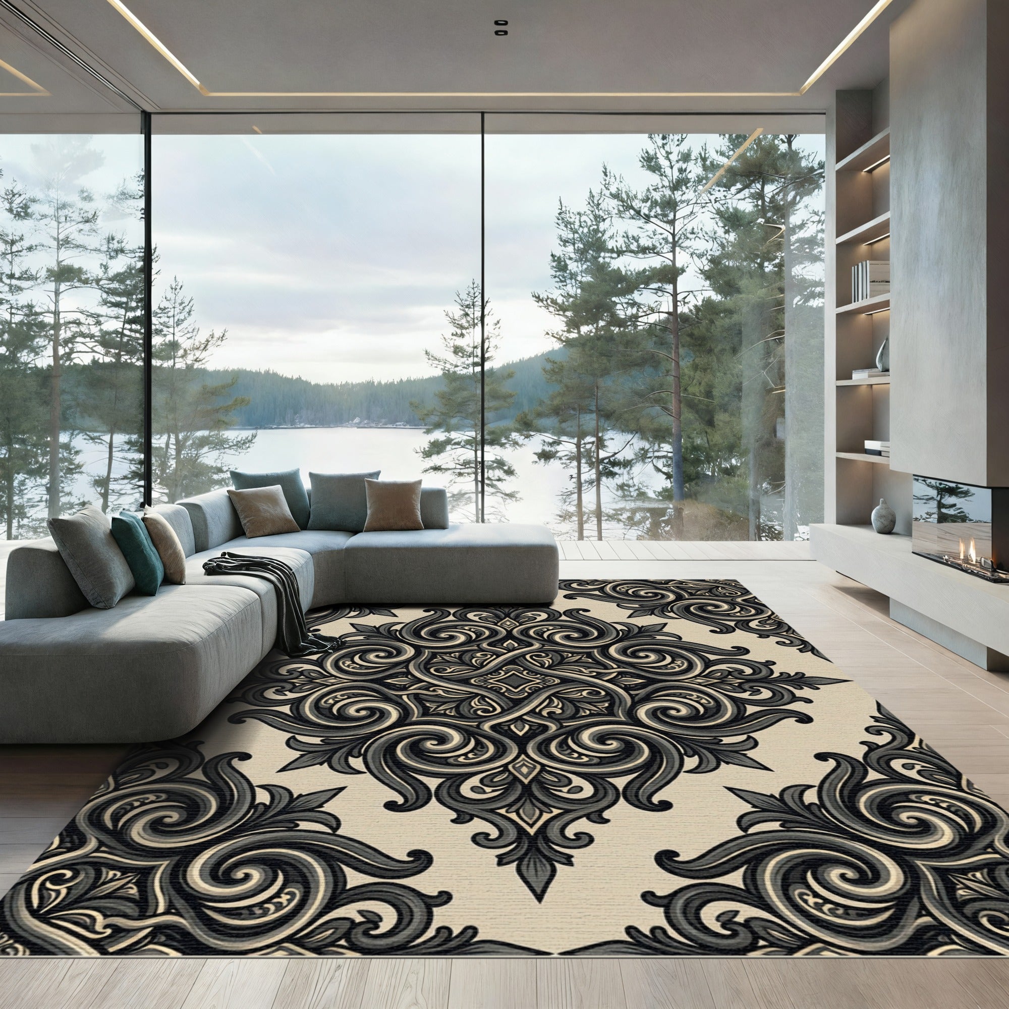 Antique Black Cream Damask Scrollwork Rug