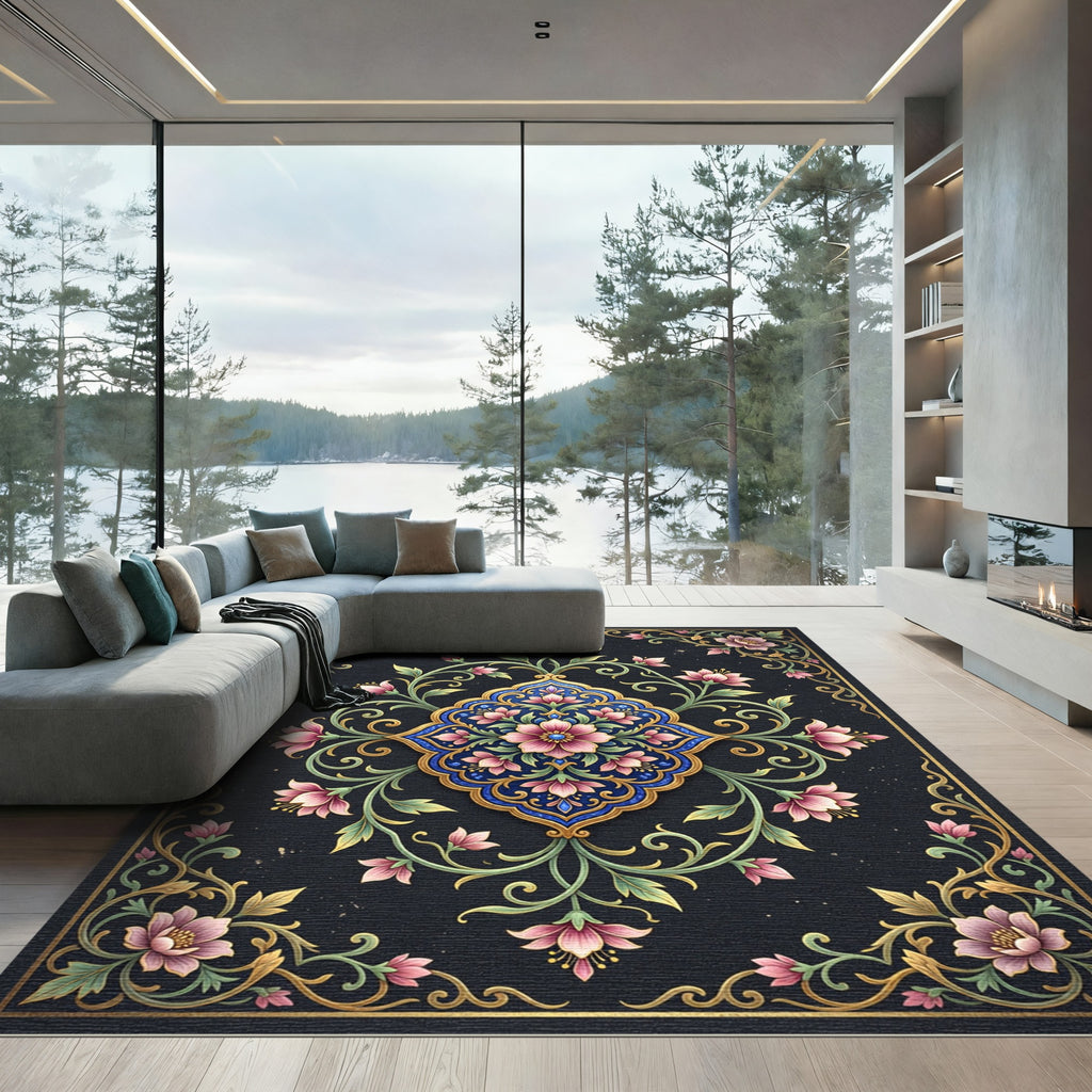 Dark Navy Floral Gold Medallion Art Rug