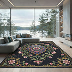 Dark Navy Floral Gold Medallion Art Rug