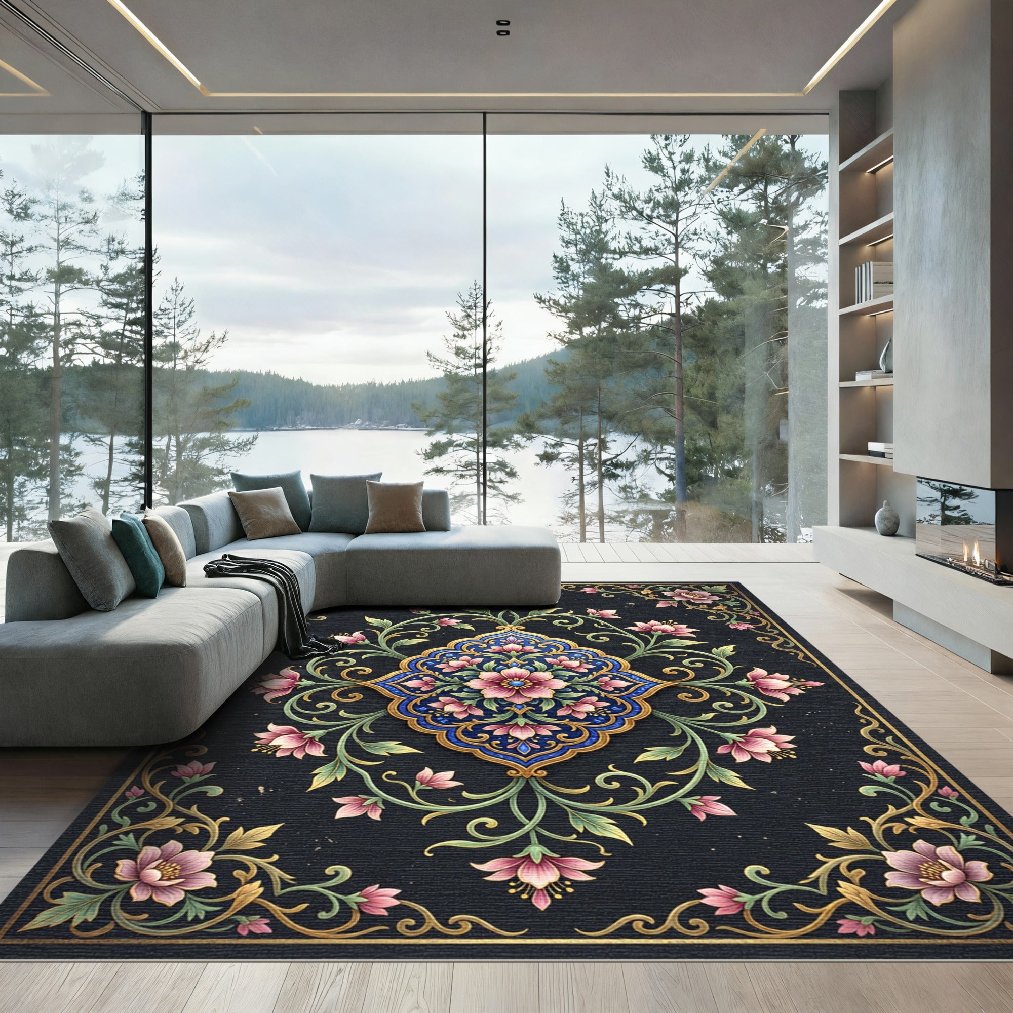 Dark Navy Floral Gold Medallion Art Rug