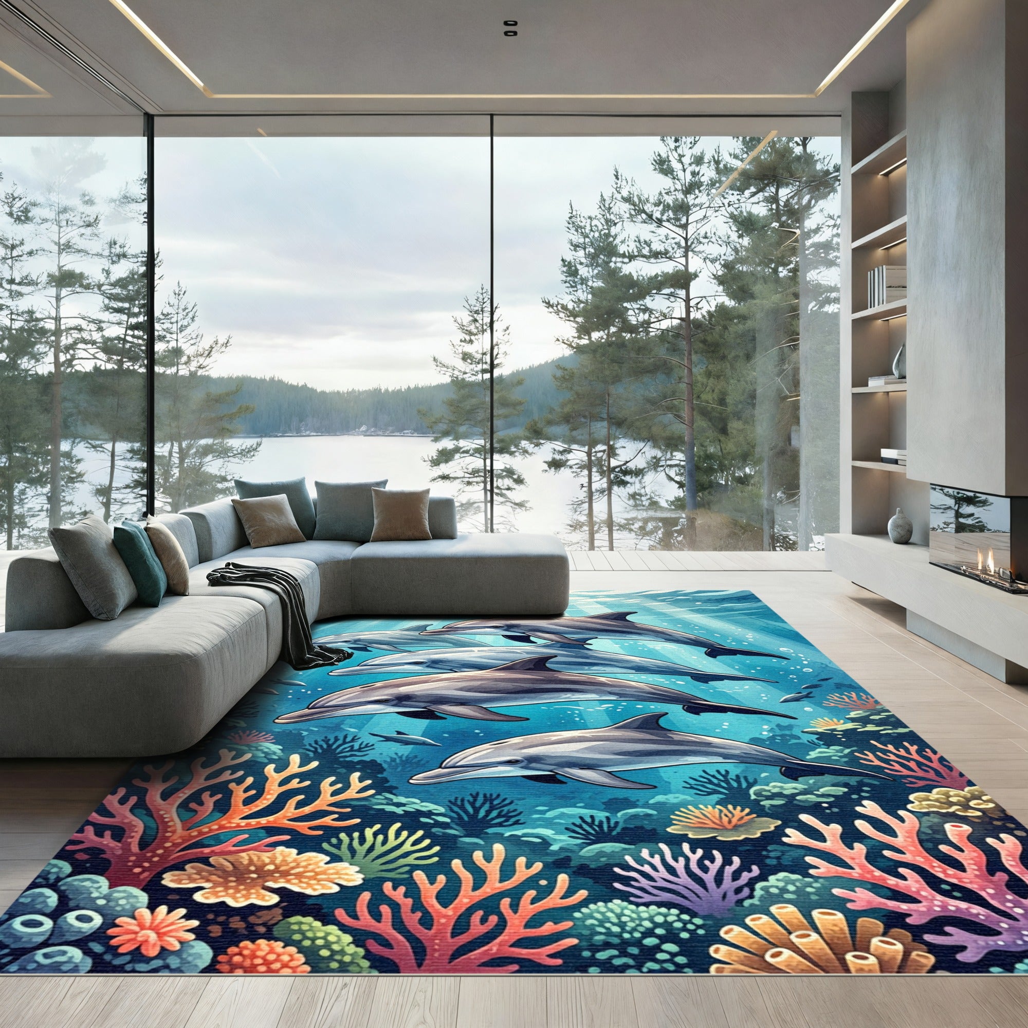 Underwater Dolphin Reef Coral Scene Rug