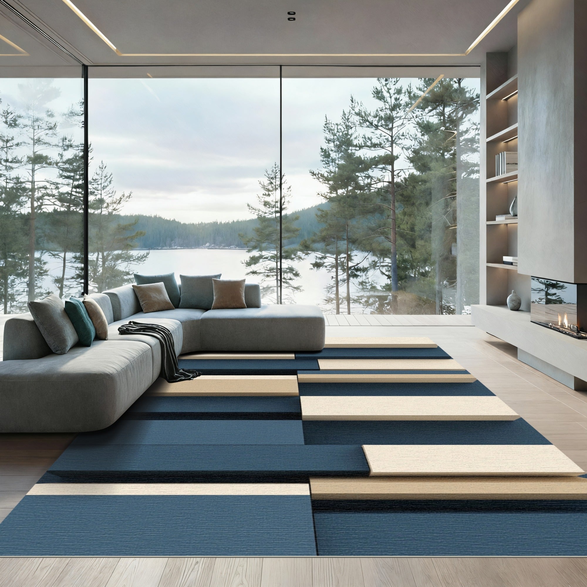 Navy Tan Contemporary Stacked Blocks Rug