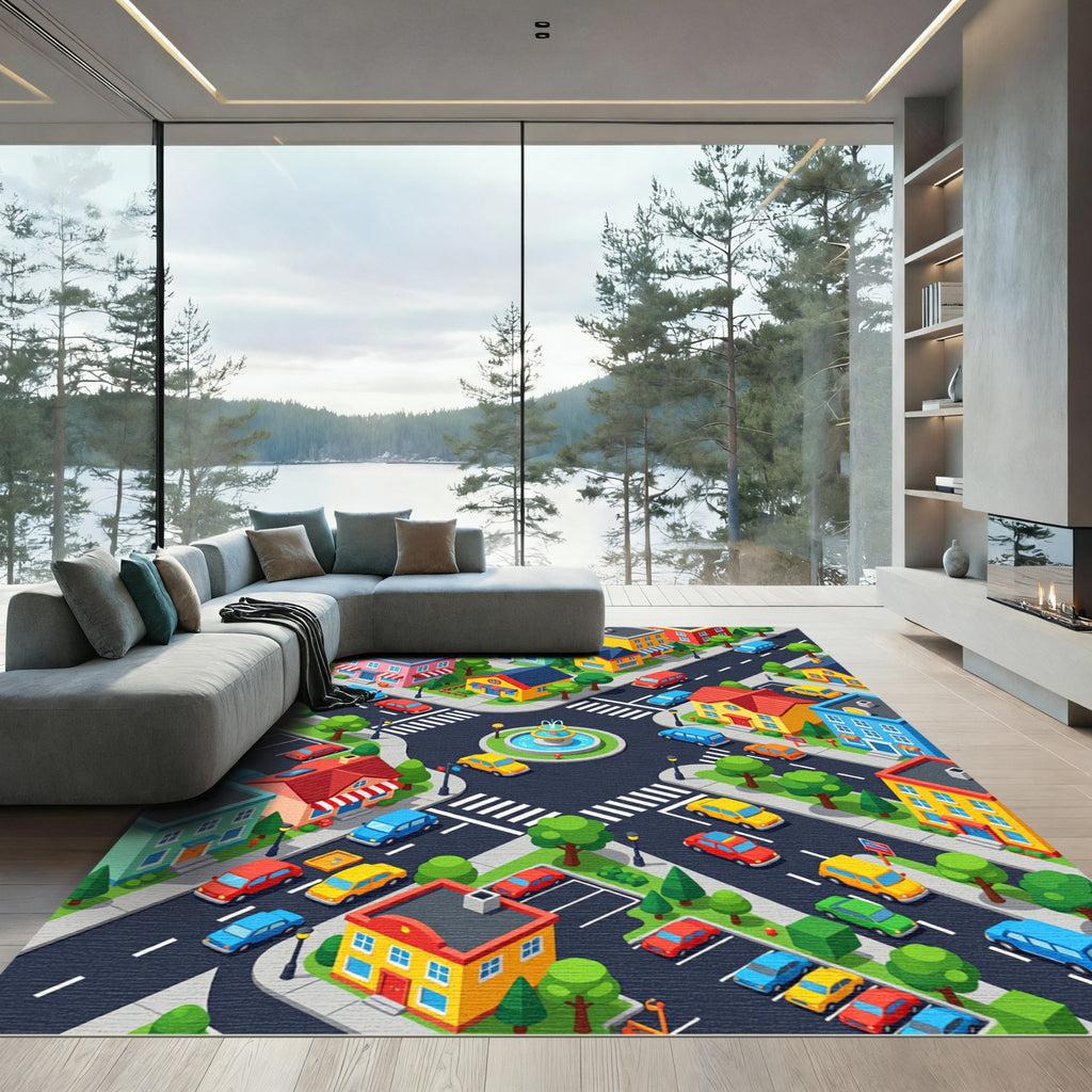 Vibrant Isometric Neighborhood Townscape Illustration Rug