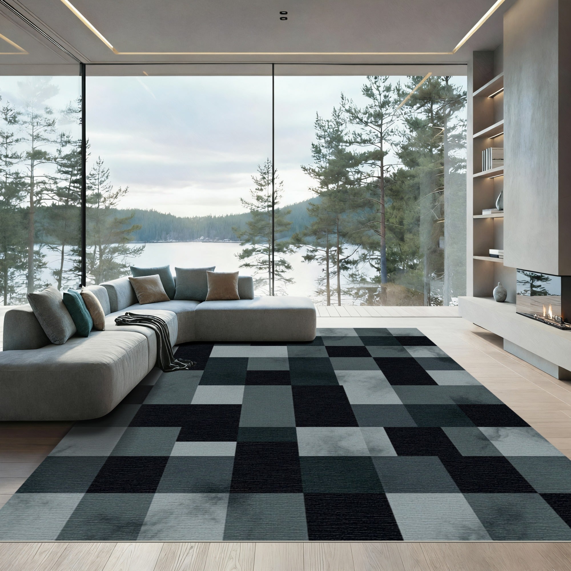 Modern Charcoal Monochrome Geometric Grid Rug