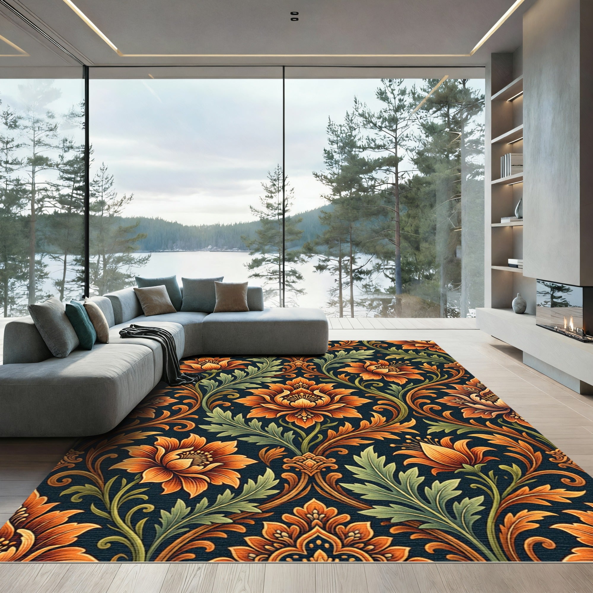 Elegant Amber Floral Damask Scroll Rug