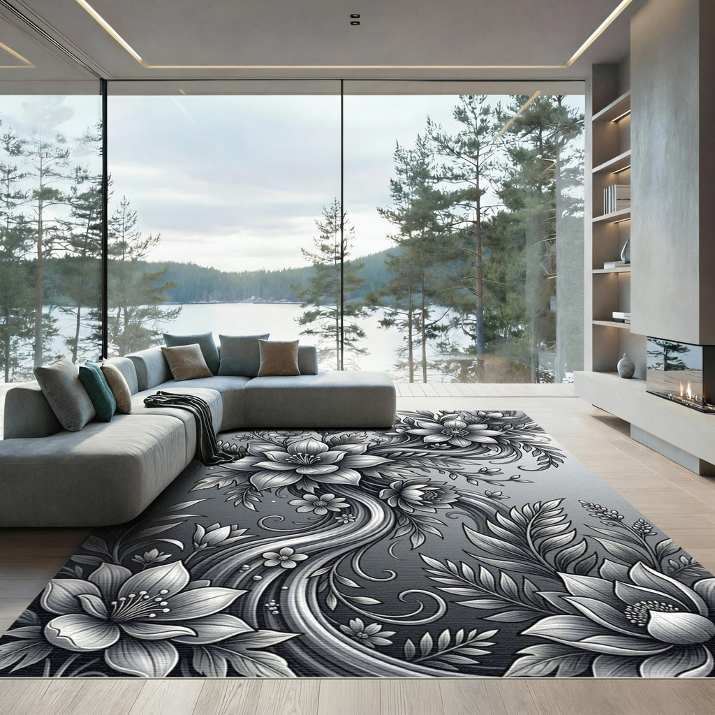Monochromatic Floral Swirl Botanical Art Rug