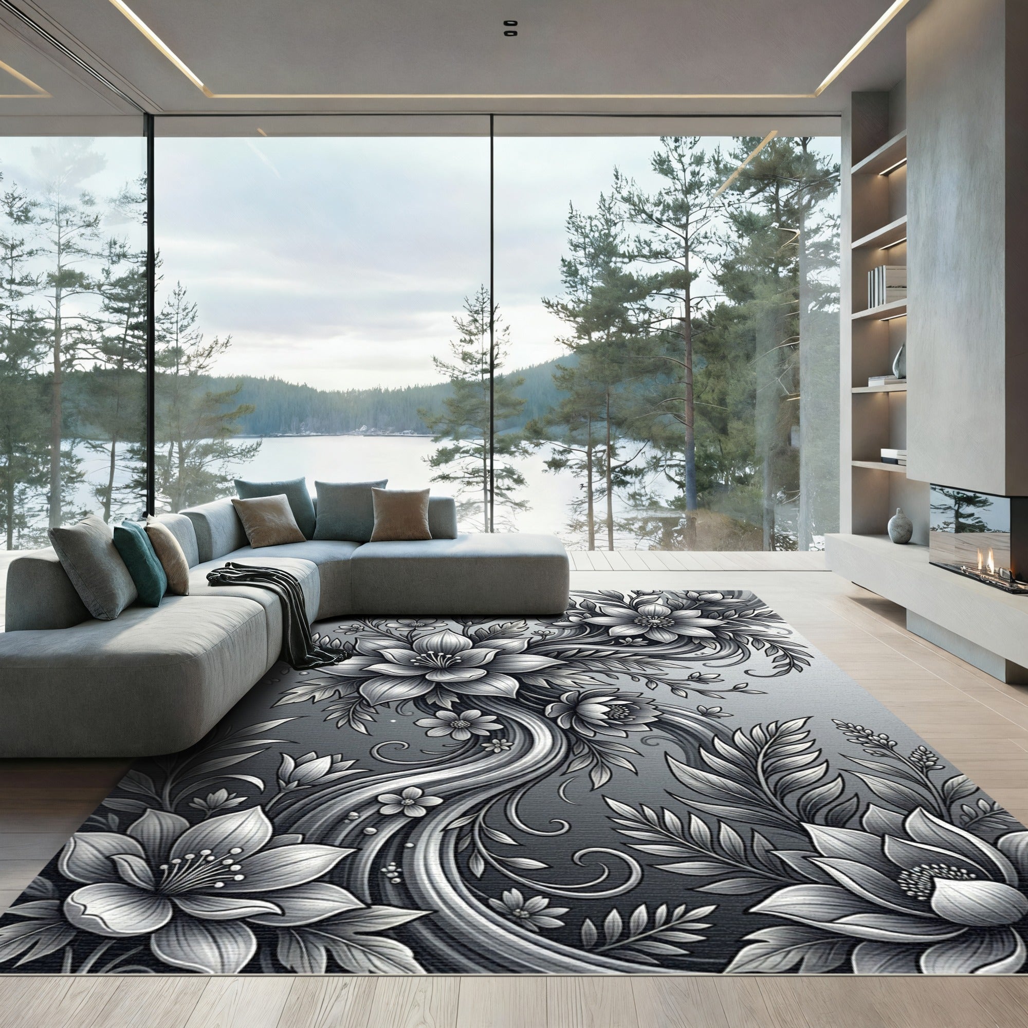 Monochromatic Floral Swirl Botanical Art Rug