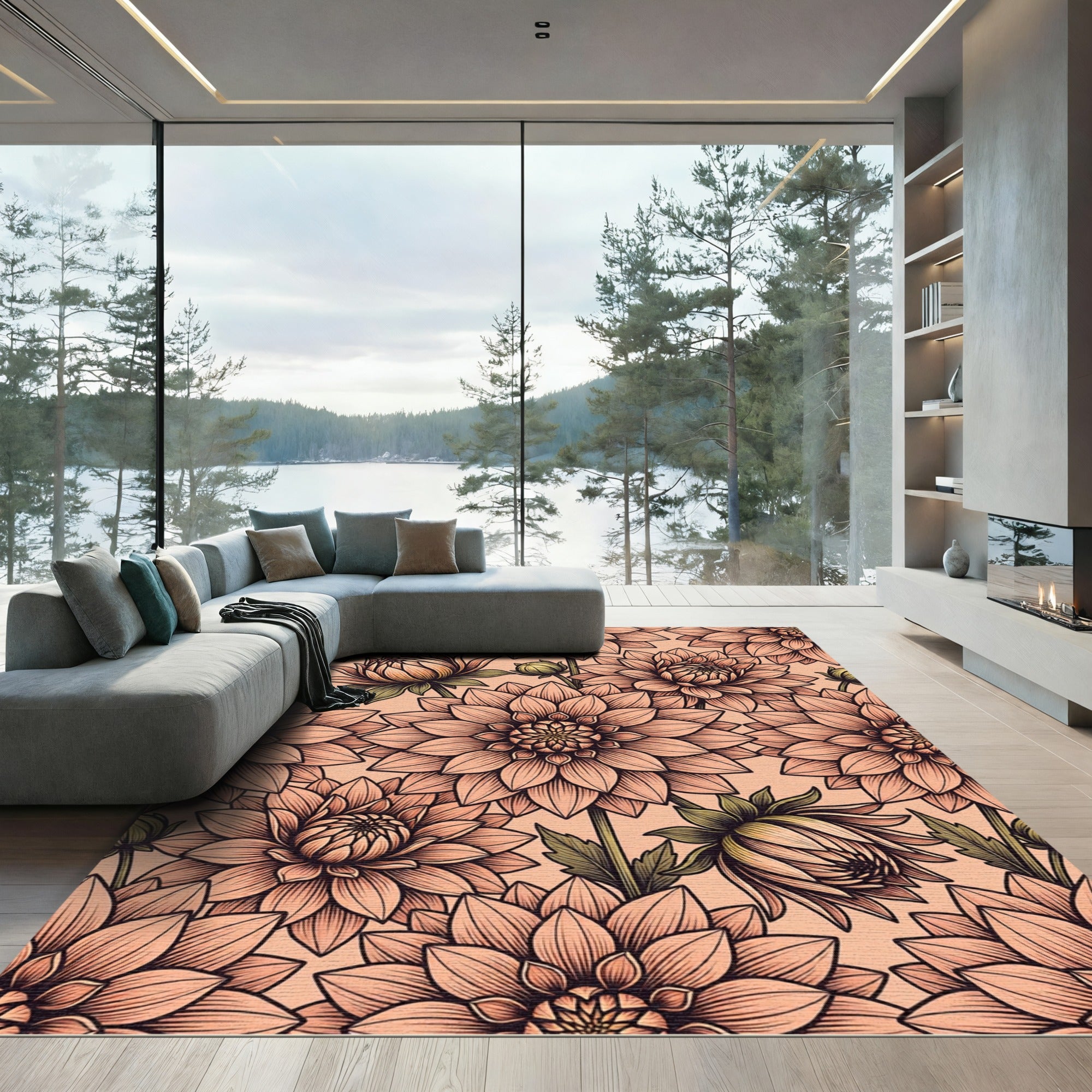 Peach Dahlia Floral Garden Rug