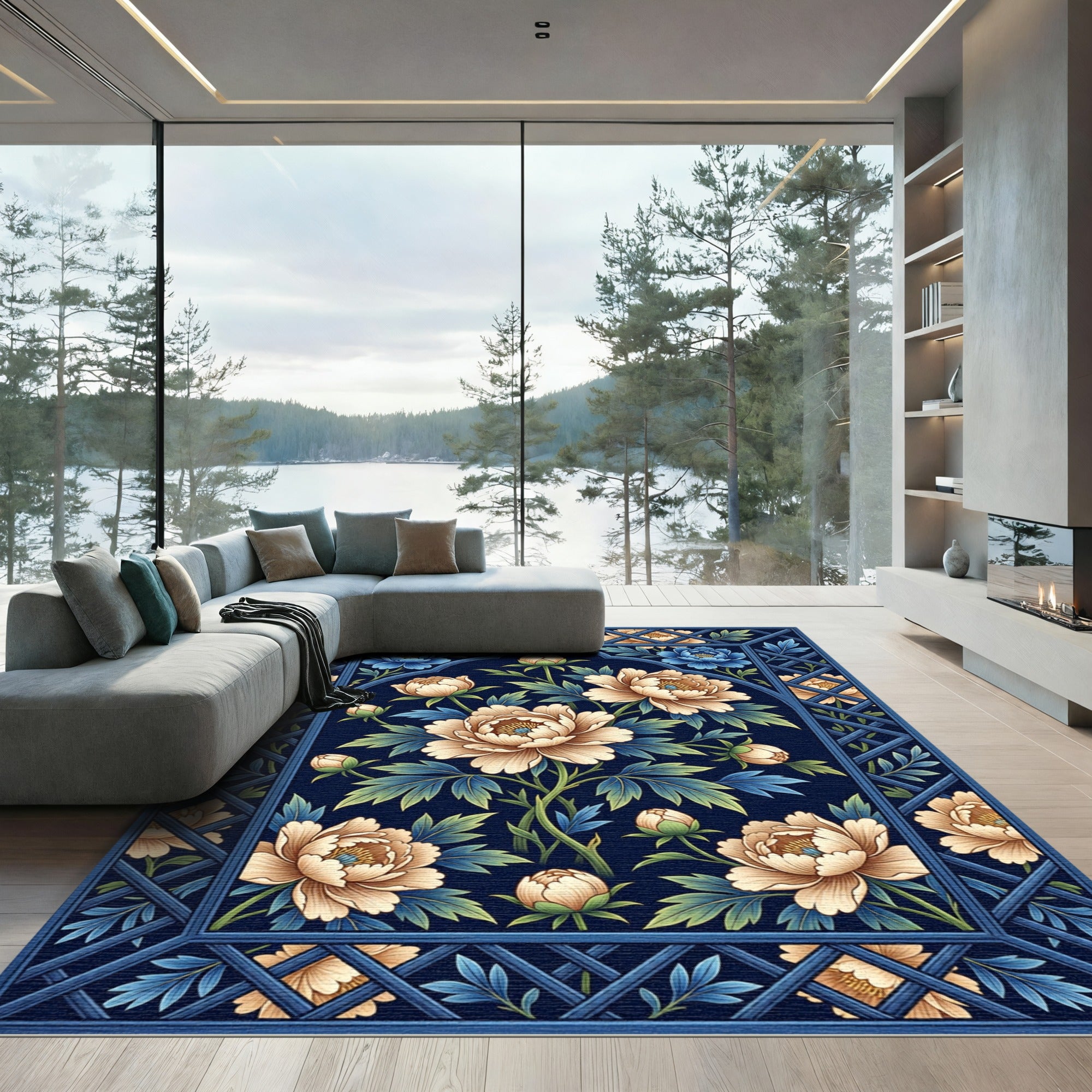 Naval Blue Floral Lattice Art Rug