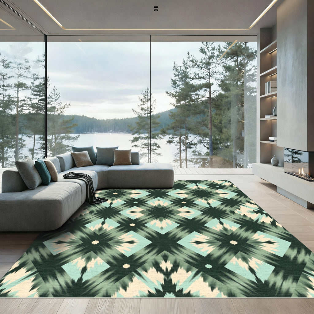 Dark Green Teal Cream Diamond Shimmer Rug