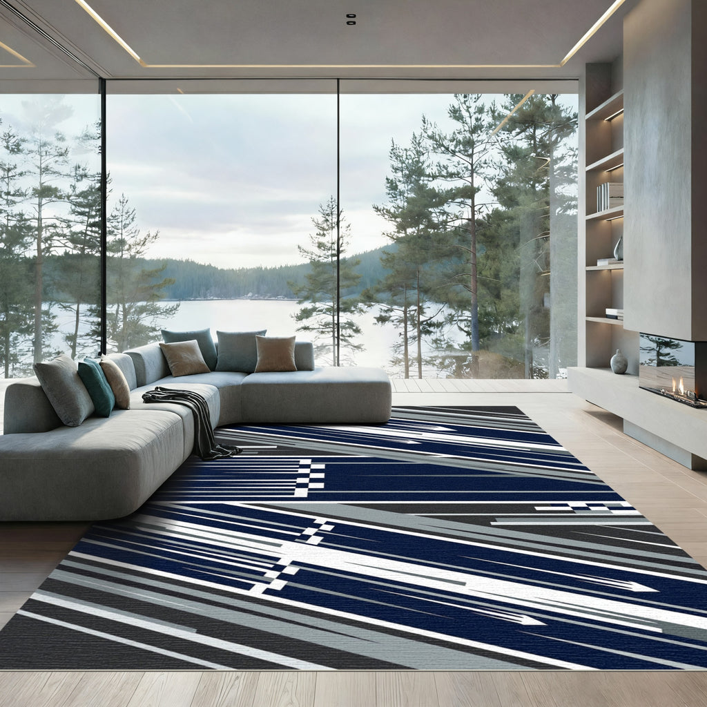 Modern Navy Blue Geometric Velocity Stripe Rug