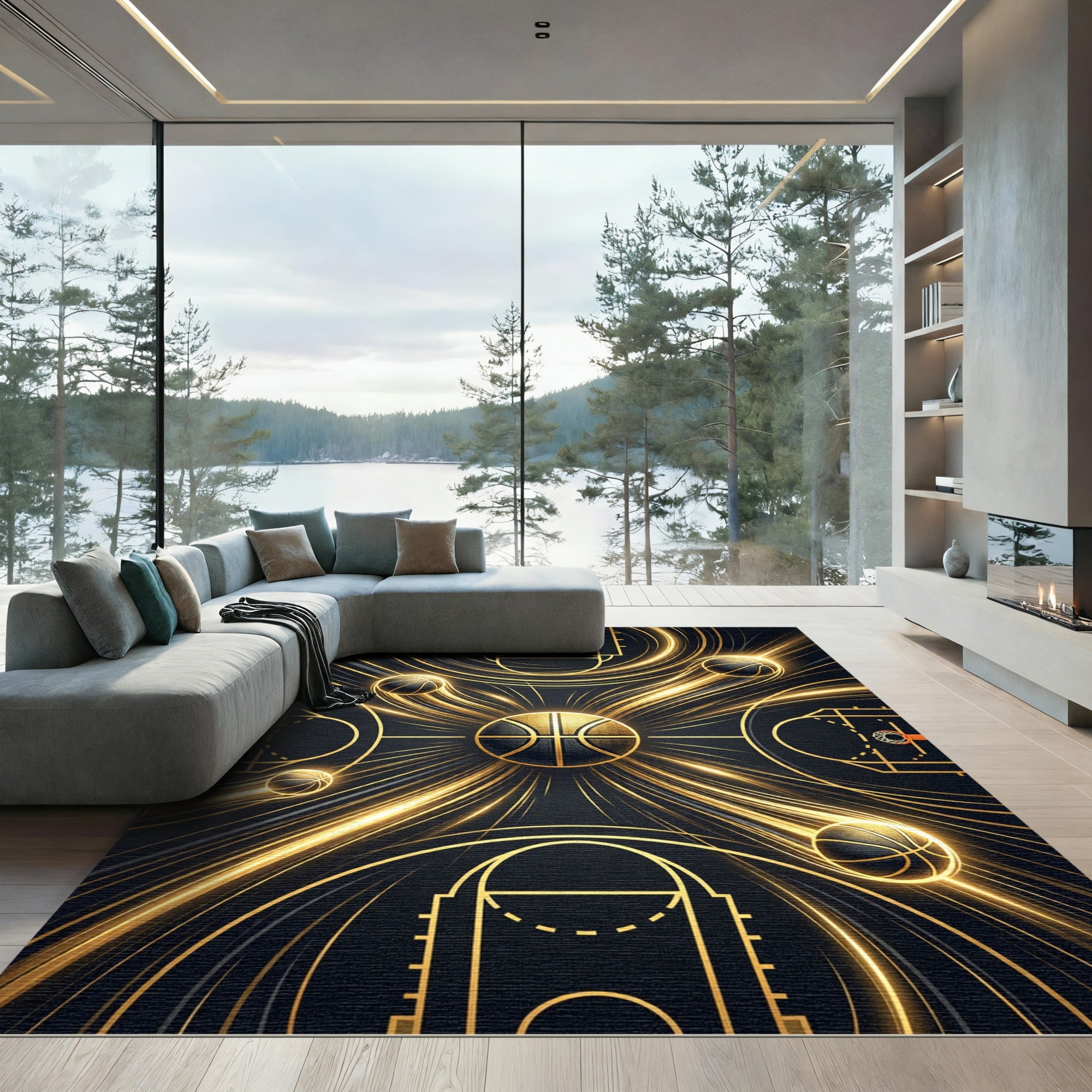 Golden Basketball Court Radiant Abstract Rug