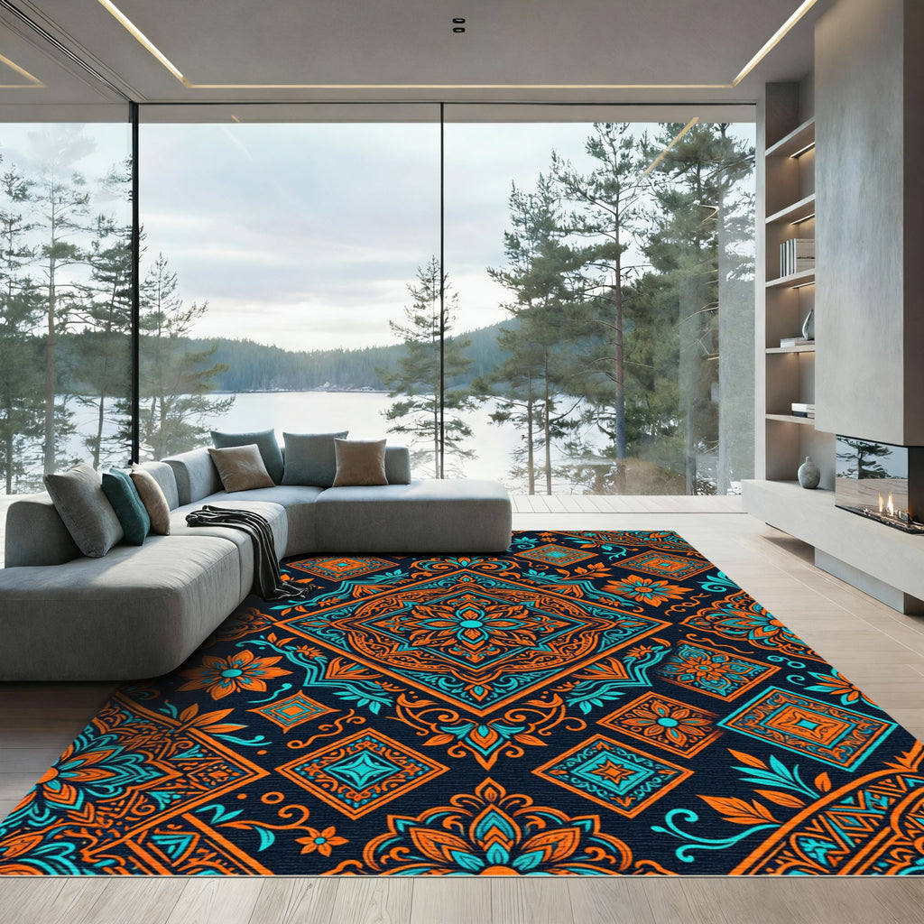 Vivid Orange Teal Medallions Complex Pattern Rug