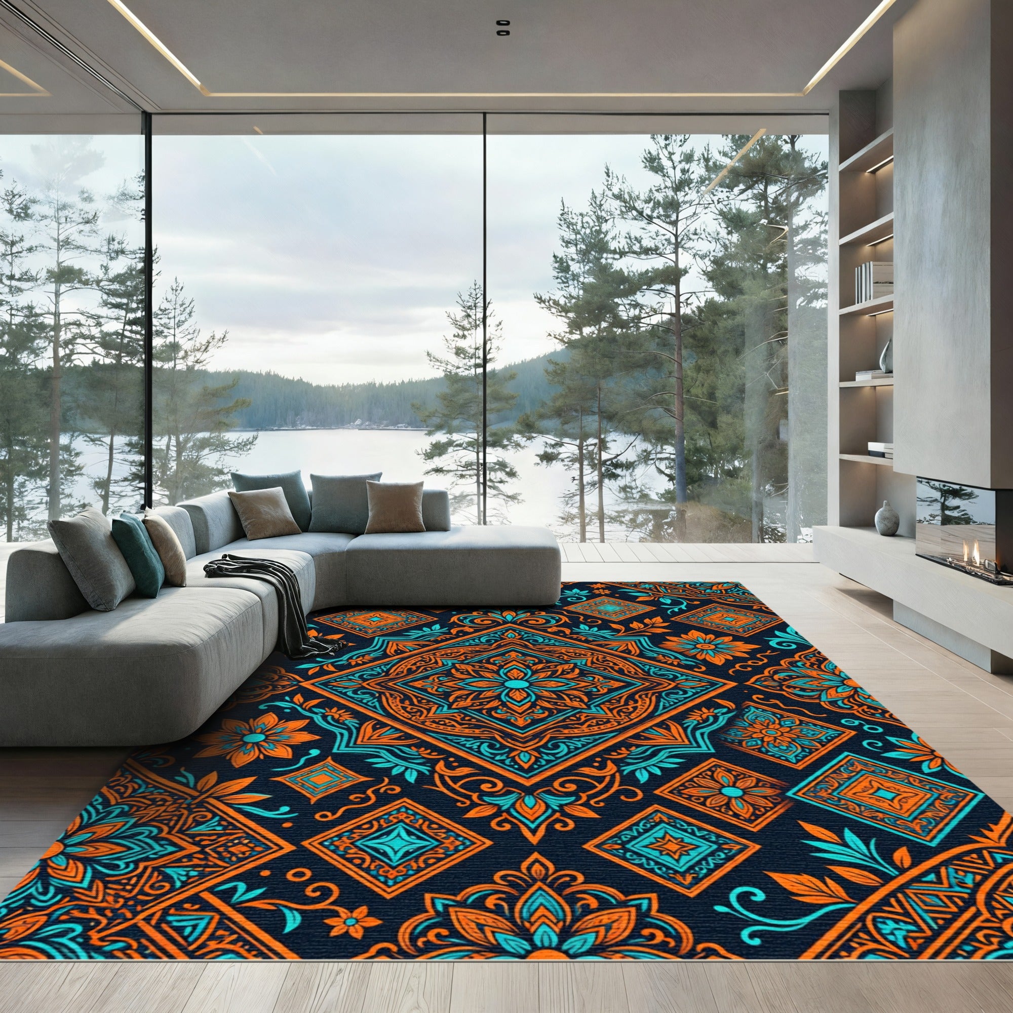 Vivid Orange Teal Medallions Complex Pattern Rug