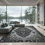 Silver Floral Damask and Swirl Medallion Rug