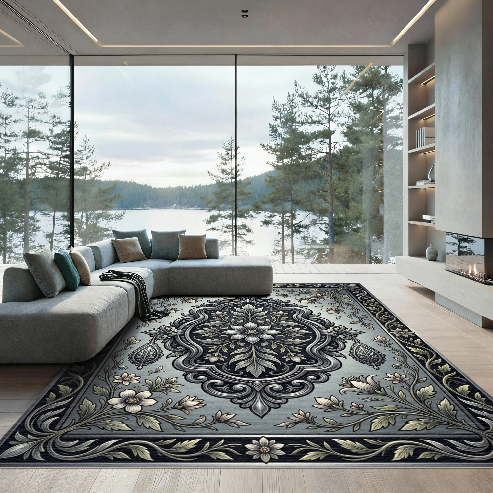 Silver Floral Damask and Swirl Medallion Rug
