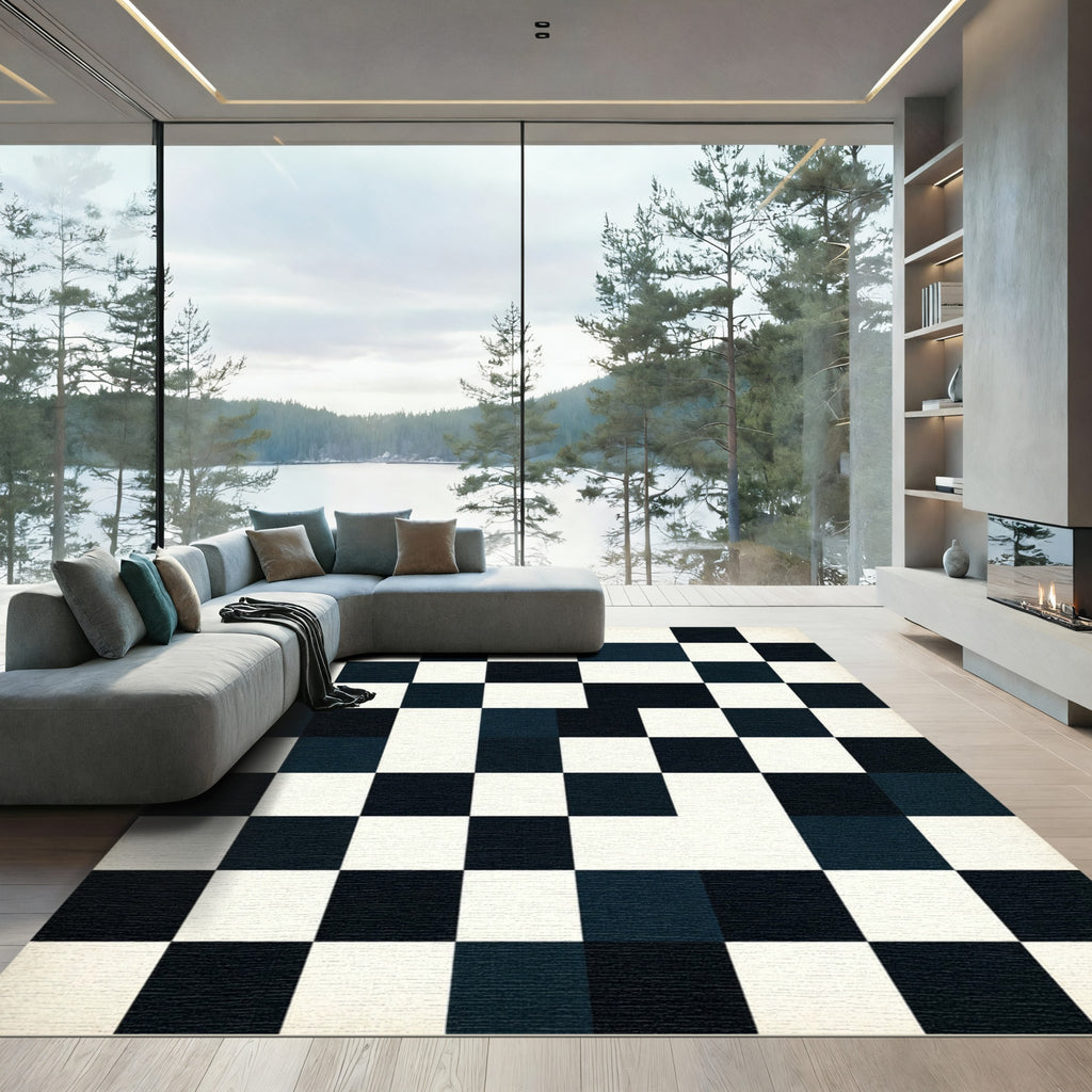 Black White Geometric Checkerboard Square Rug
