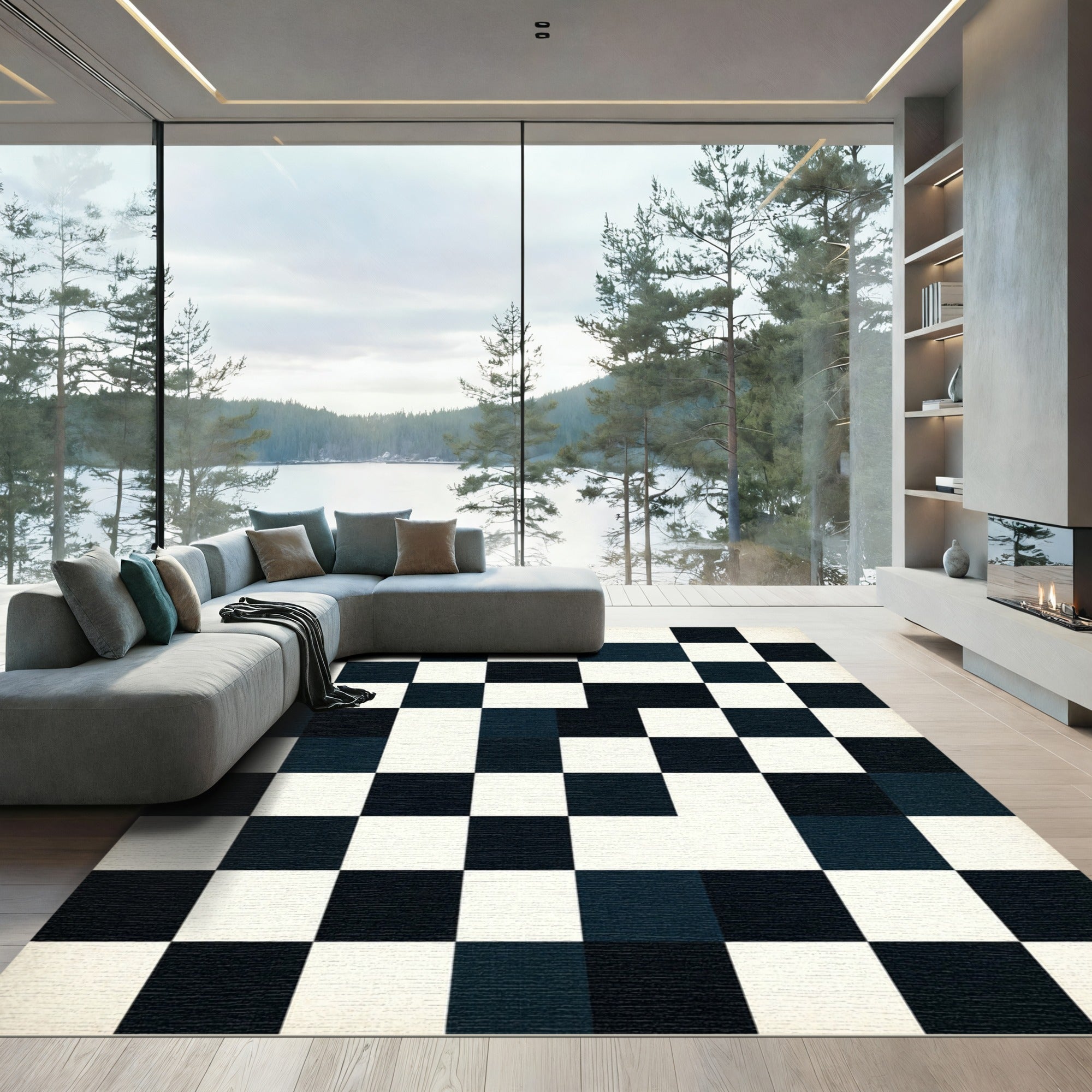 Black White Geometric Checkerboard Square Rug
