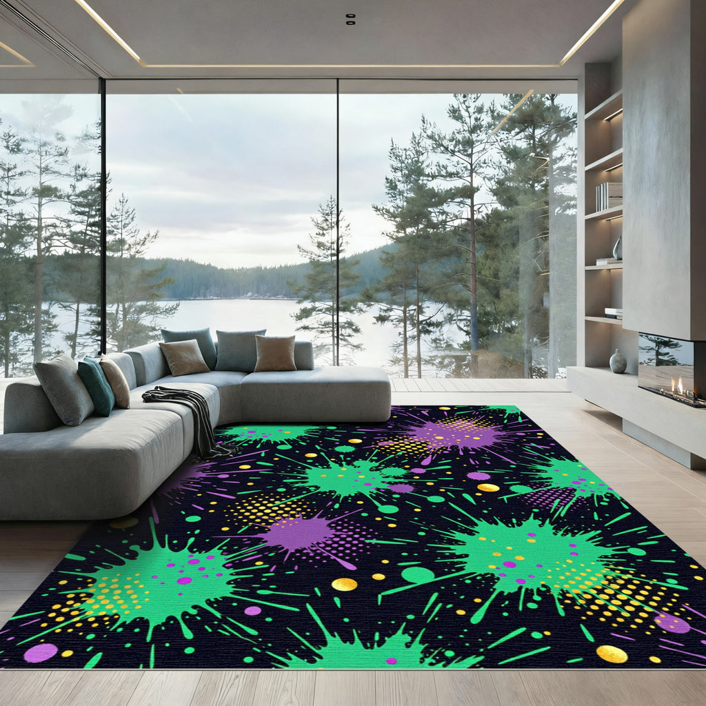 Vibrant Neon Splatter Abstract Modern Art Rug