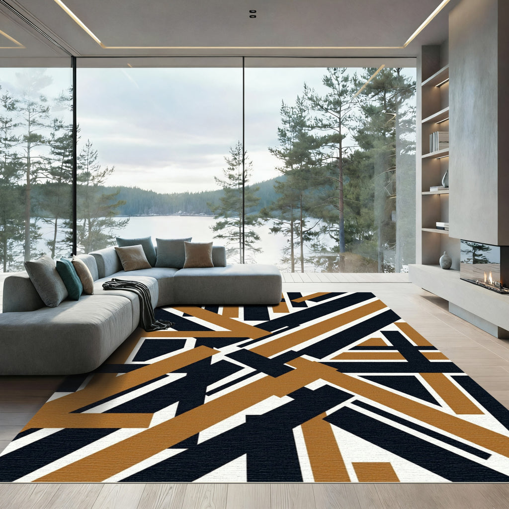 Modern Black and Ochre Geometric Intersect Rug