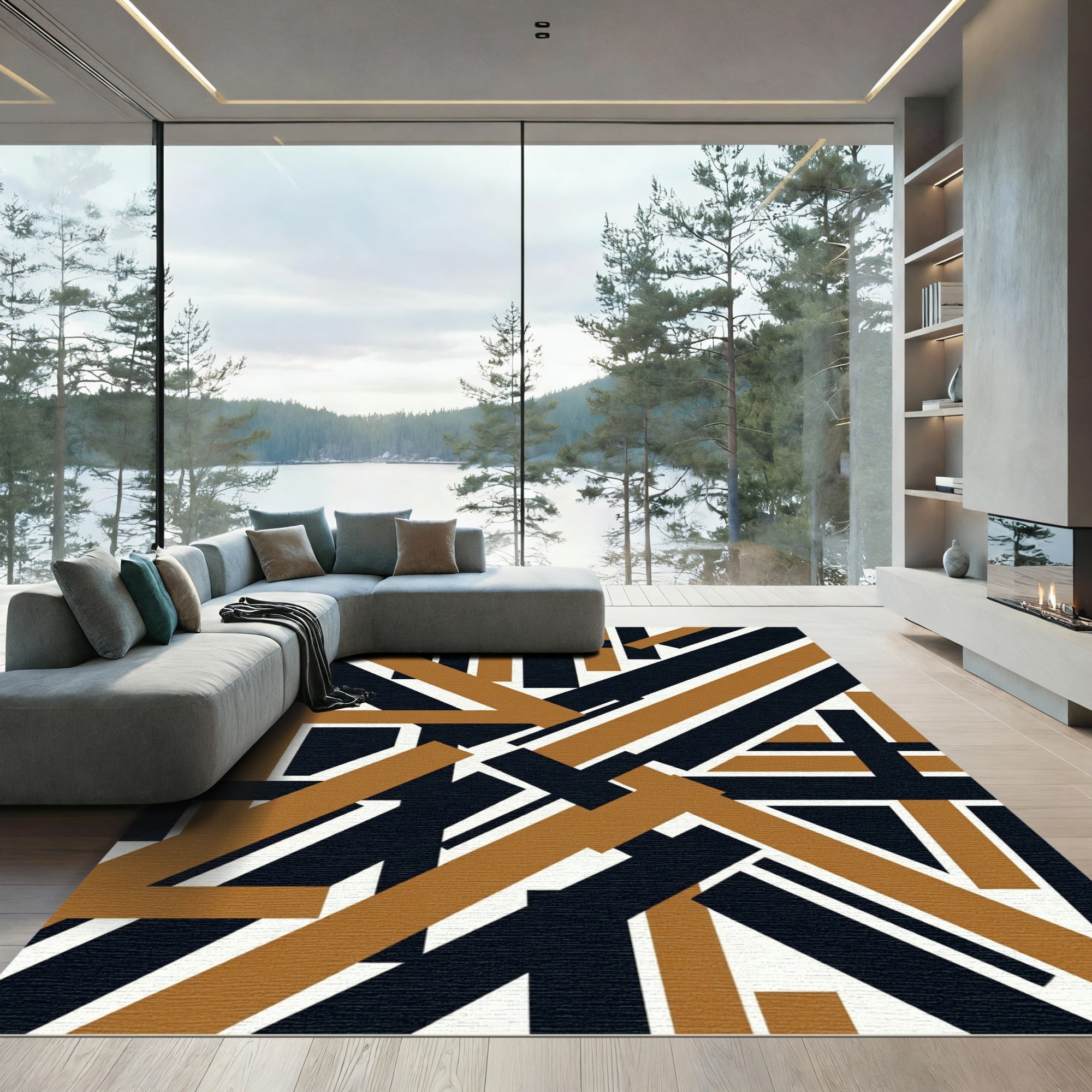 Modern Black and Ochre Geometric Intersect Rug