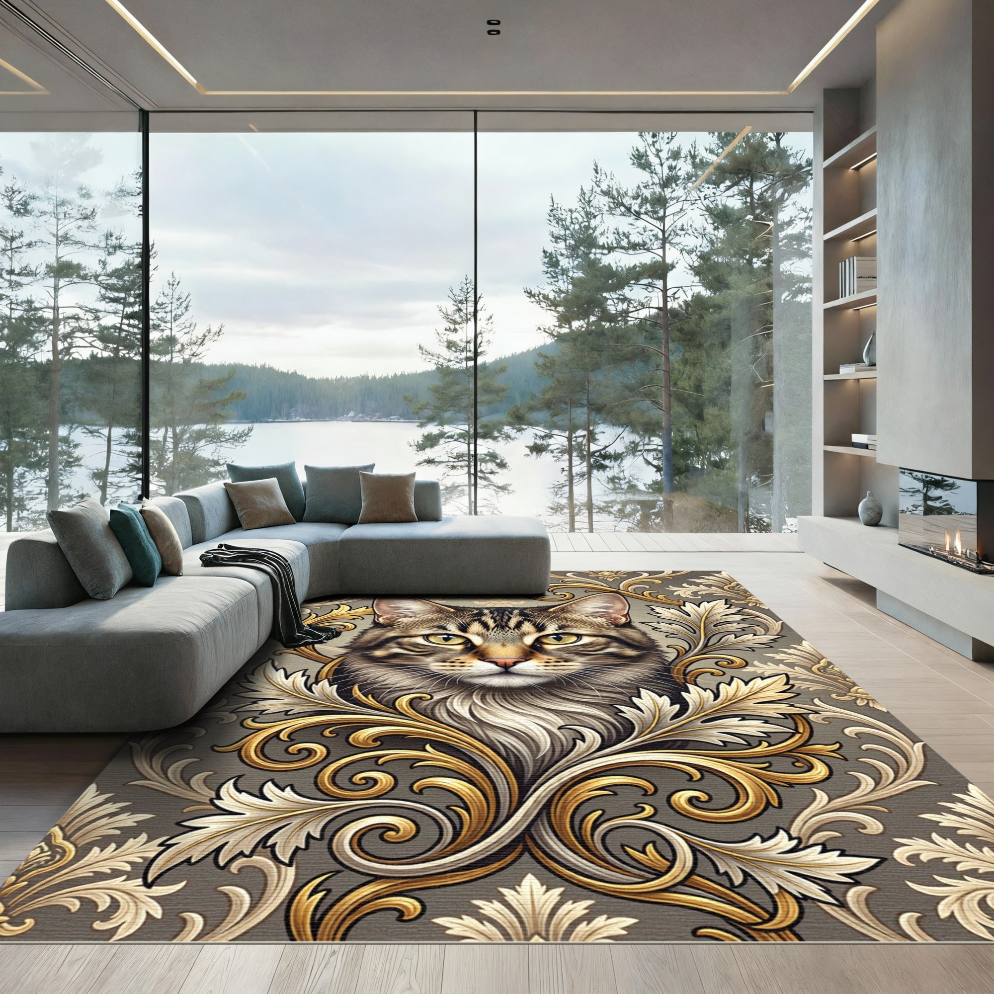 Ornate Golden Cat Baroque Rug