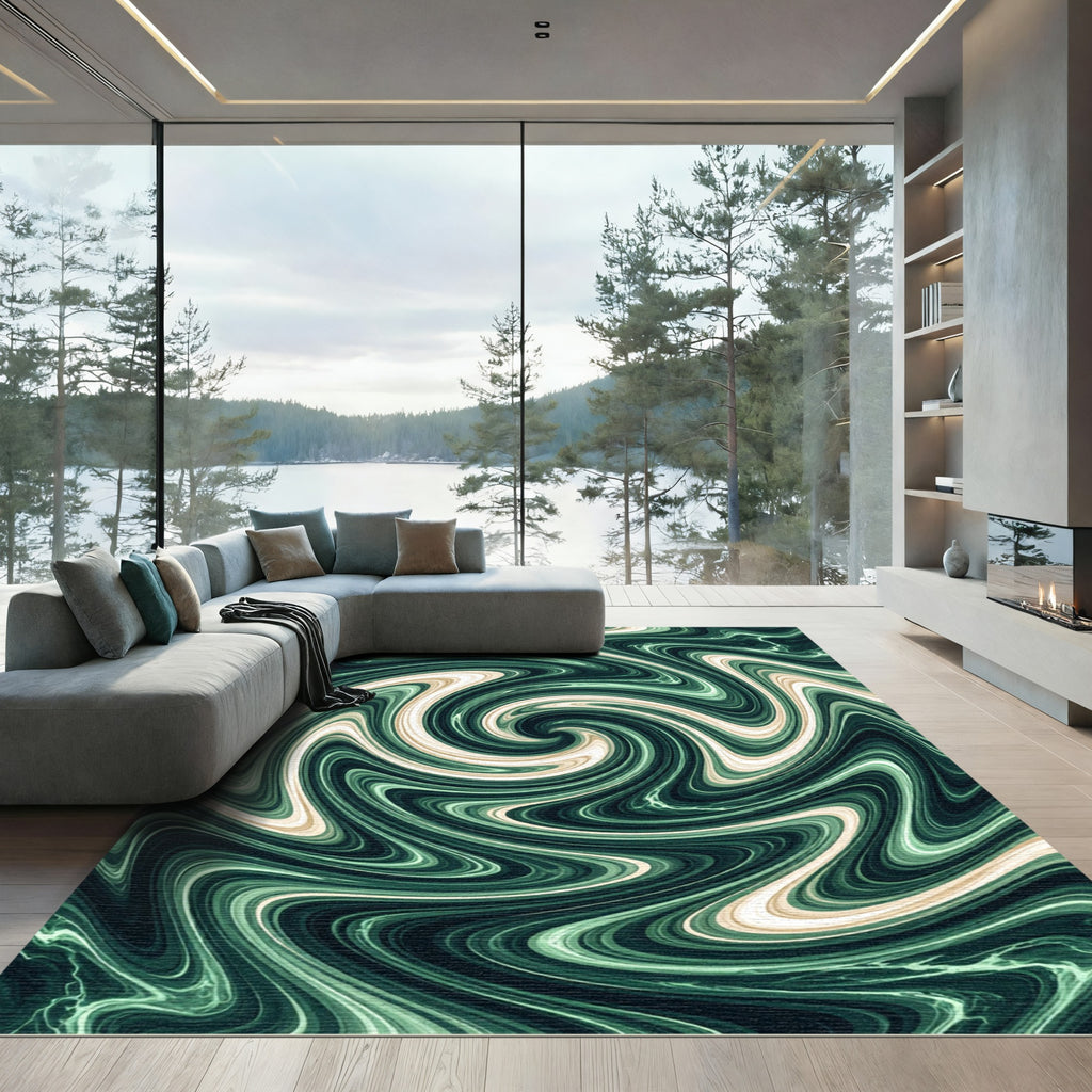 Deep Teal Swirl Marble Accents Rug