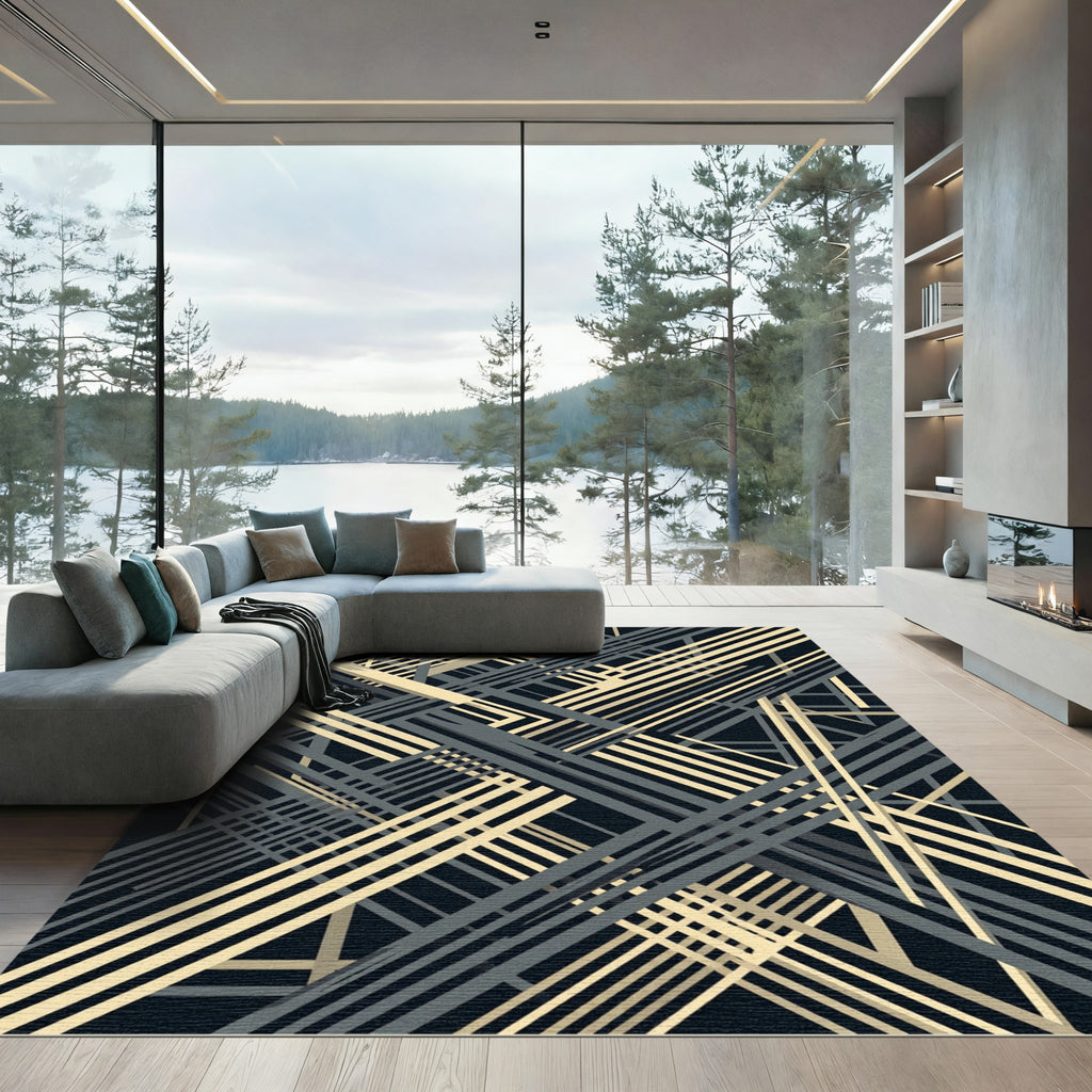 Modern Cream and Charcoal Geometric Lines Rug
