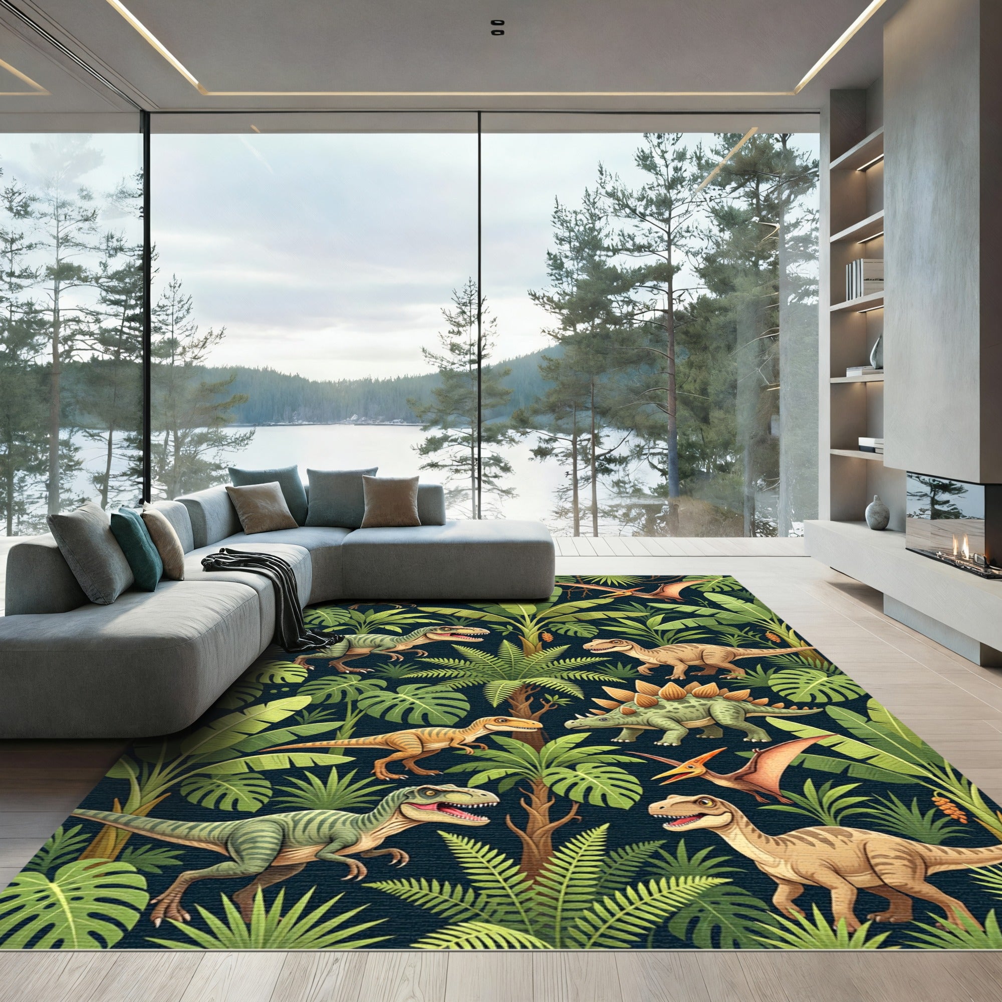 Jungle Dinosaur Botanical Deep Green Rug