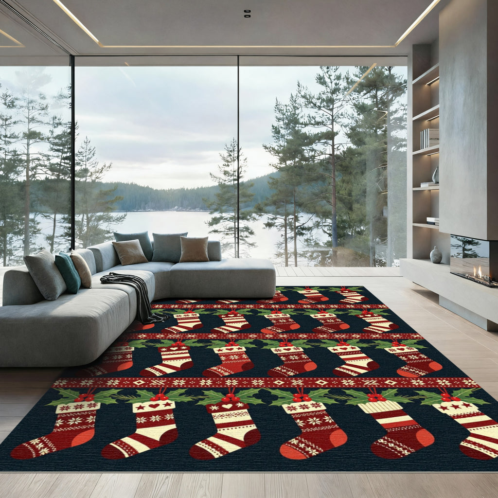 Red Cream Christmas Stocking Holiday Rug