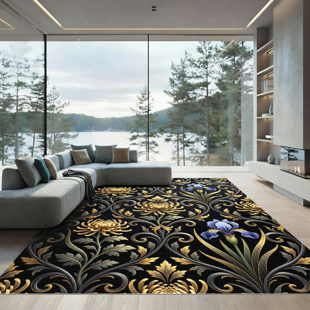 Gilded Gold Chrysanthemum Iris Swirls Rug
