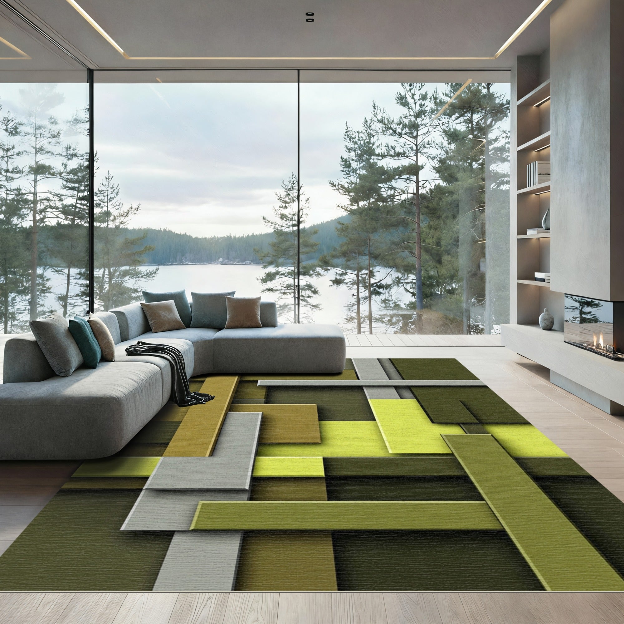 Modern Olive and Lime Geometric Block Rug
