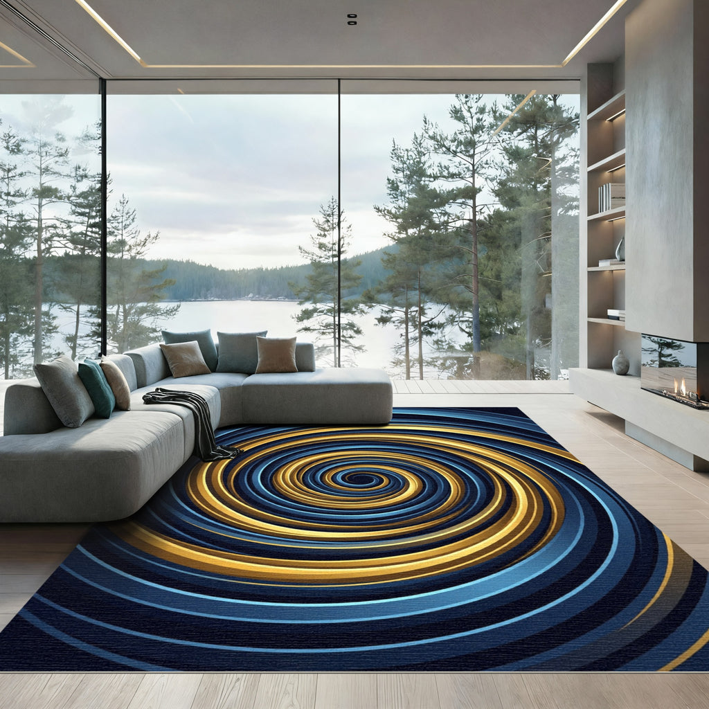 Golden Swirl Abstract Cobalt Vortex Rug