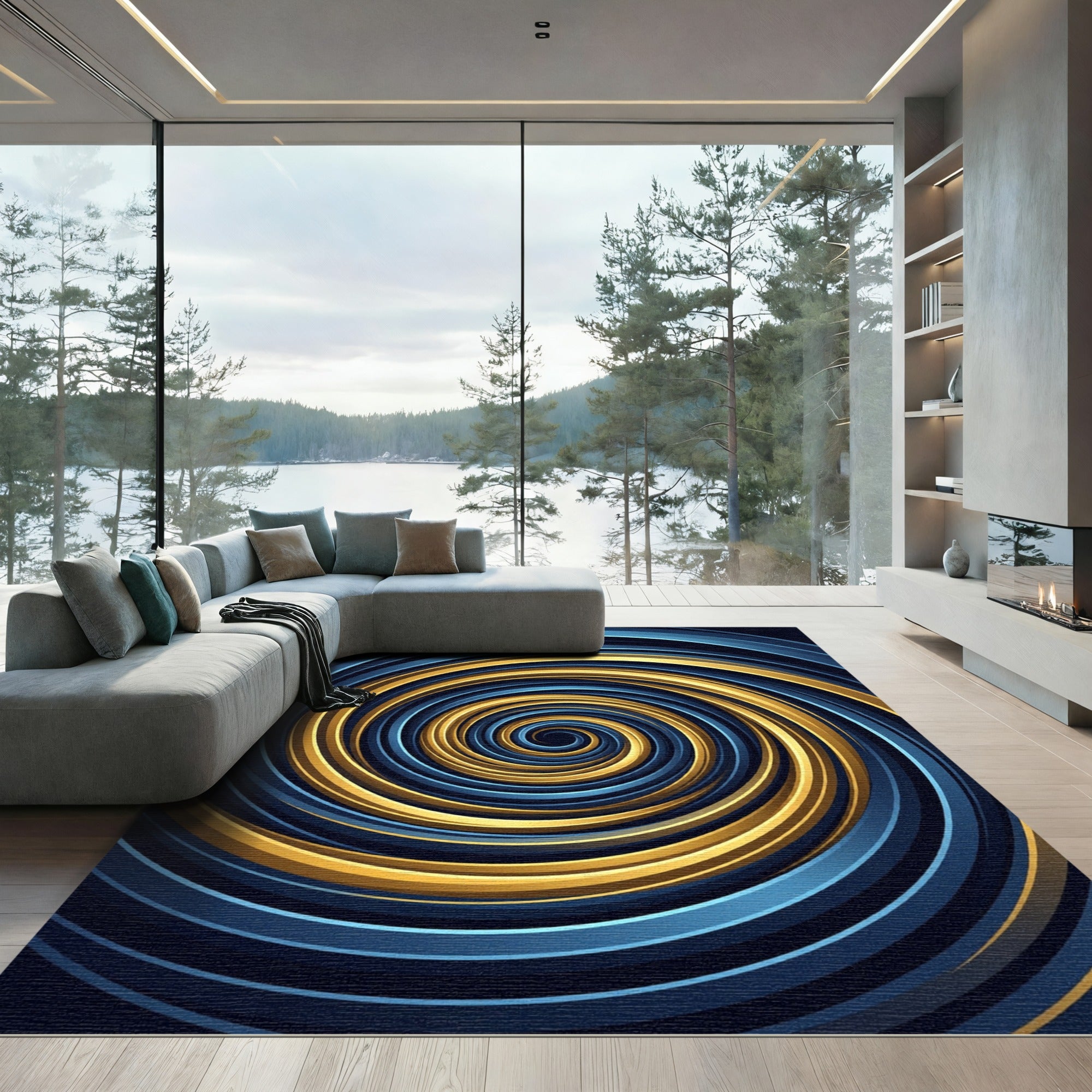 Golden Swirl Abstract Cobalt Vortex Rug