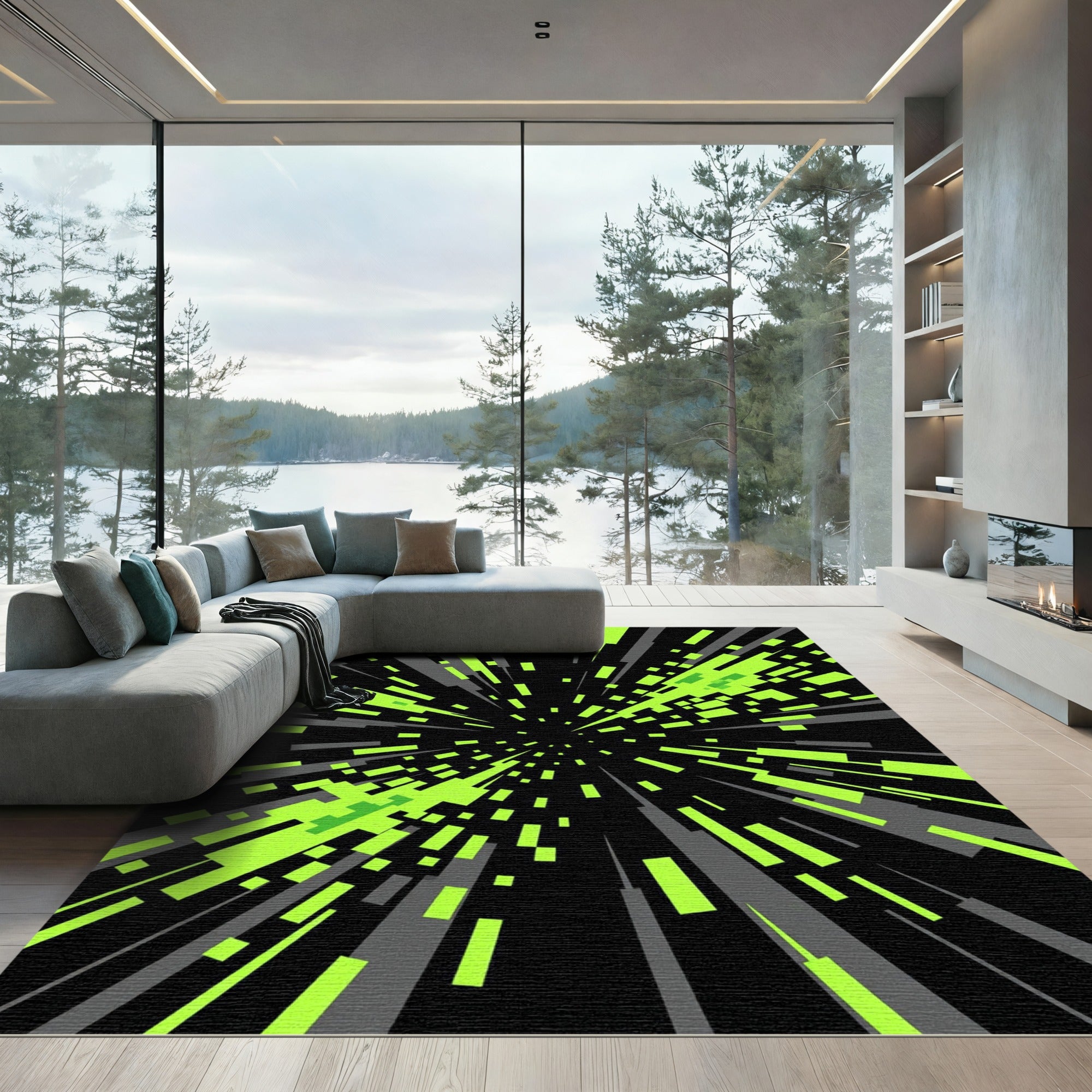 Neon Green Abstract Radial Motion Rug